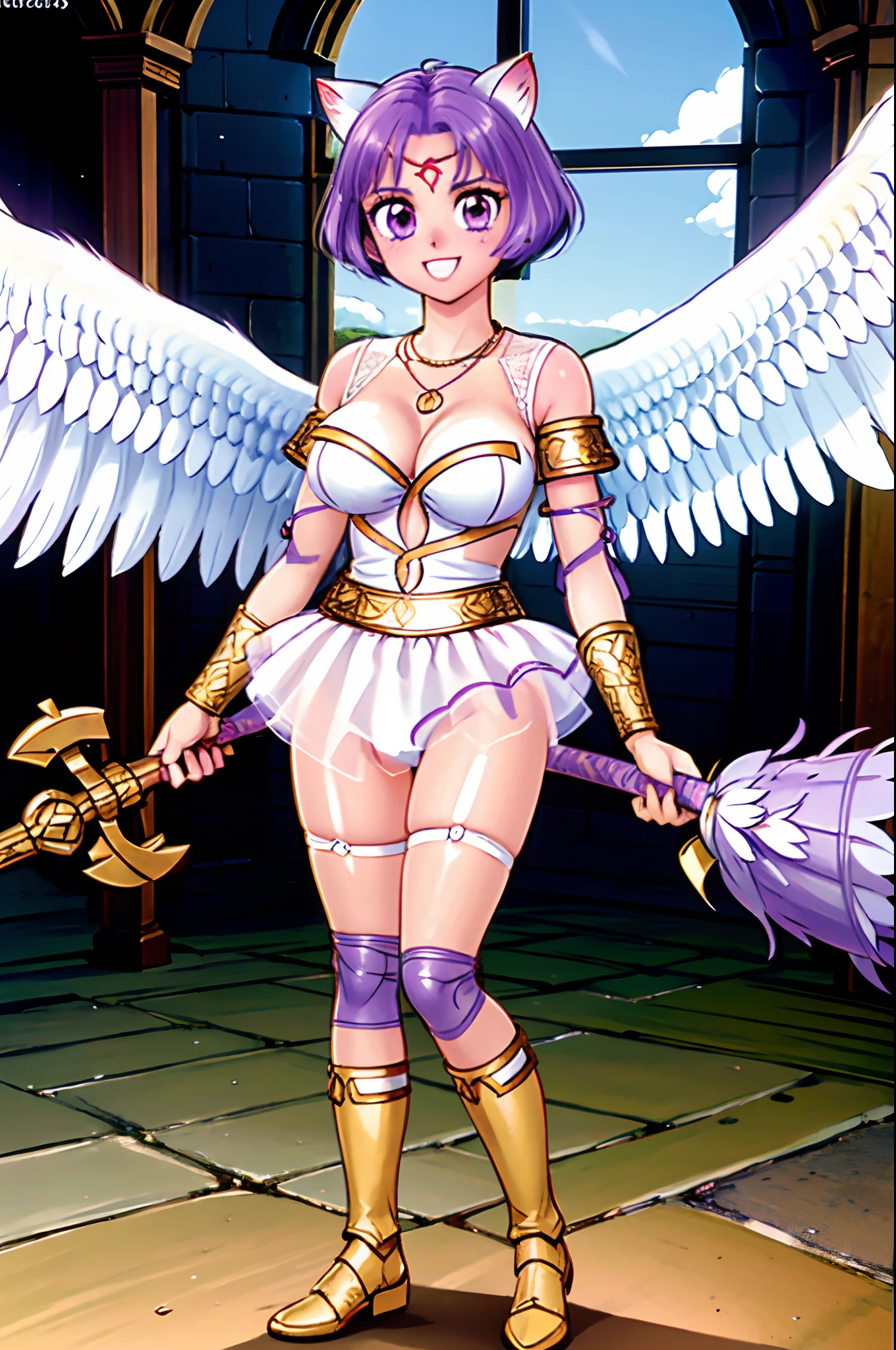 cathedral, sunny, sun light, the lights of a sun, lines of light, ambient light, rounded window, mosaic window, flying feathers around, Laura_(vindictus), 1girl, solo, smile, looking at viewer, (eyes half-closed:0.6), short hair, animal ears, cleavage, jewelry, purple eyes, standing, purple hair, cat ears, necklace, facial mark, forehead mark, feathered wings, armlet, angel wings, angel, bracer, prays, , arms crossed (masterpiece,highres,beautiful, realistic,extremely detailed face,best quality:1.2), (shiny skin), blurry,, full body, boots,s,holding snek staff, long skirt,Daoist_Robe, bimbo, curvy, bigbreast ,full body, body suit, armor, drop shadow, anaglyph, stereogram, tachi-e, pov, atmospheric perspective, 8k, super detail, ccurate, best quality, UHD, retina, masterpiece, ccurate, anatomically correct, textured skin, super detail, high details, high quality, award winning, best quality, highres, 1080P, HD,medieval armor,Medieval Style Armor Suit