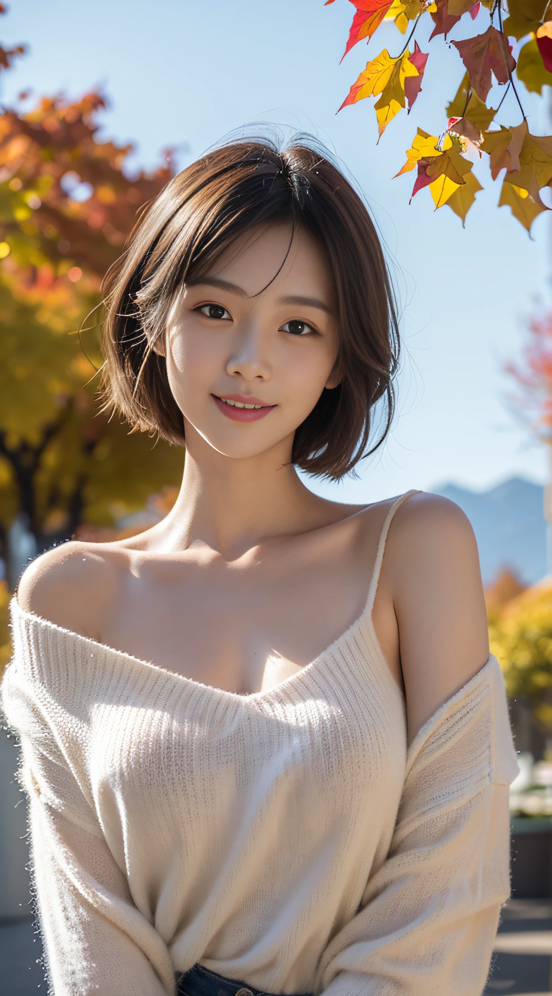 Tabletop, Highest quality, Realistic, finely, High resolution, 8k wallpaper, Perfect dynamic composition, Beautiful and beautiful eyes, Medium Hair, Big and ample breasts, Random sexy poses,Random Situation、(Tight Beige Knitwear)、(Breast swelling 1.5)、smile、５０Year、(Droopy Eyes 1.3)、Mature adult beauty、Japanese、