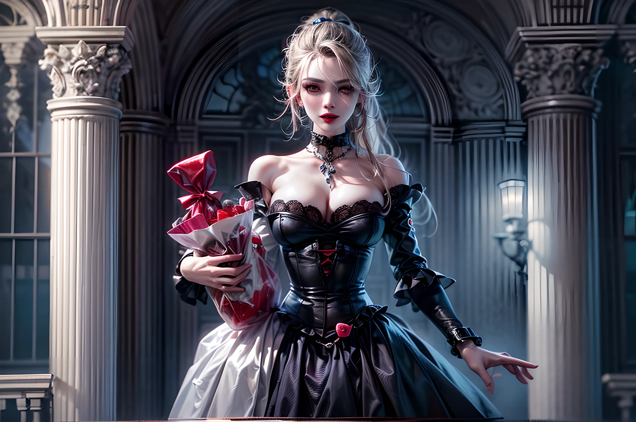icture of vampire standing in the front of her home holding a (candy bag: 1.2), an exquisite beautiful female vampire in her front door of her home, full body (ultra detailed, Masterpiece, best quality), ultra detailed face (ultra detailed, Masterpiece, best quality), grey skin: 1.3 , blond hair, hair in a ponytail, long hair, blue eyes, cold eyes, glowing eyes, intense eyes, smile with [drops of blood on face] (ultra detailed, Masterpiece, best quality), dark red lips, [vampire fangs], wearing white dress (ultra detailed, Masterpiece, best quality), dark blue cloak, high heeled boots in front of her home, (holding a candy bag: 1.4), high details, best quality, 16k, [ultra detailed], masterpiece, best quality, (ultra detailed), full body, ultra wide shot, photorealism, luis royo style, dark fantasy art, moon light coming through the window, moon rays, gothic art, sense of dread, sense of seduction, candyland