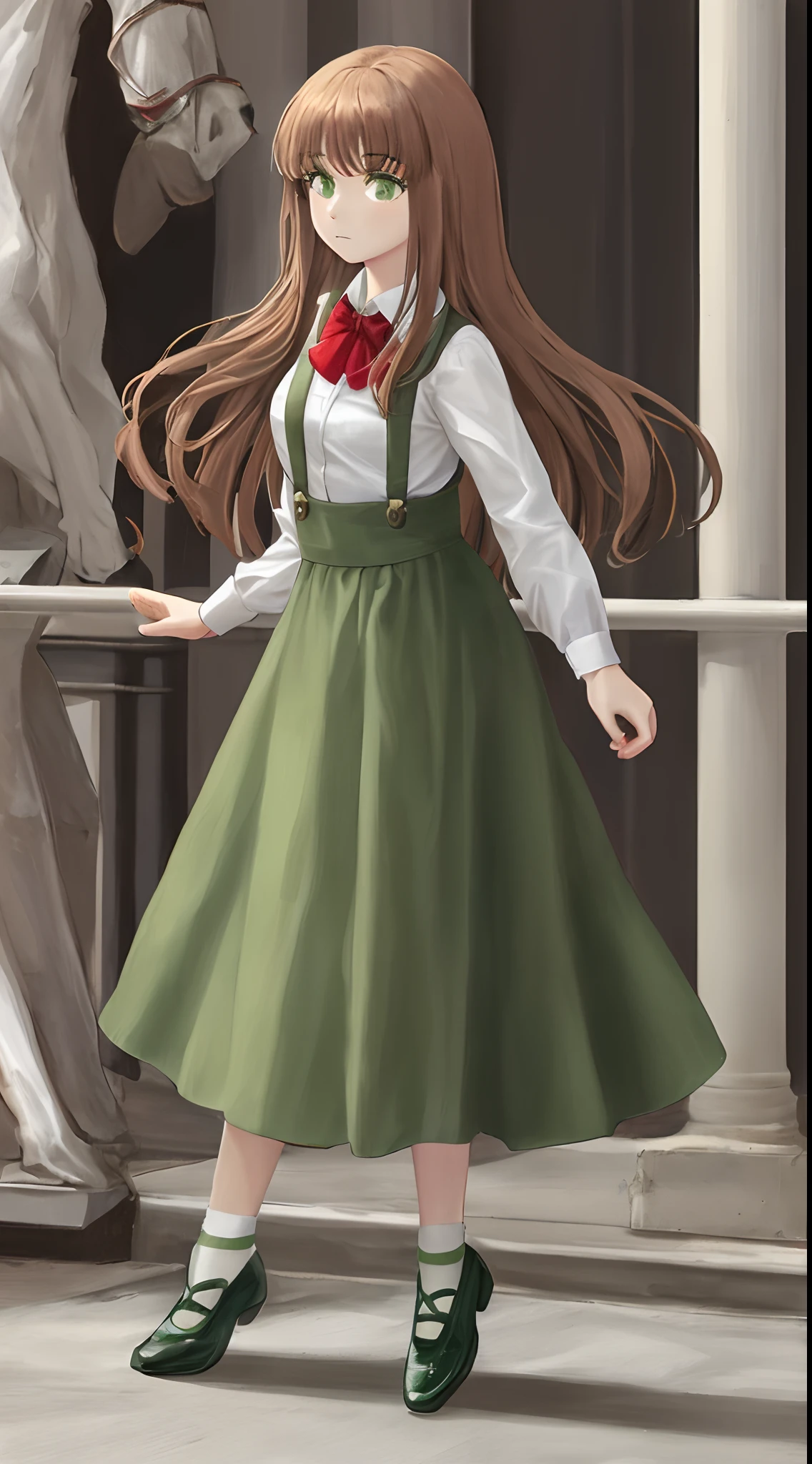Long brown hair, green eyes, artist, dark red suspenders, green shoes, Italian girl, Florence, red bow tie