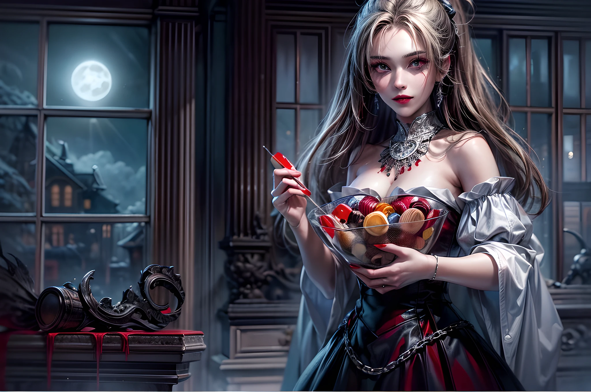 icture of vampire standing in the front of her home holding a (candy bag: 1.2), an exquisite beautiful female vampire in her front door of her home, full body (ultra detailed, Masterpiece, best quality), ultra detailed face (ultra detailed, Masterpiece, best quality), grey skin: 1.3 , blond hair, hair in a ponytail, long hair, blue eyes, cold eyes, glowing eyes, intense eyes, smile with [drops of blood on face] (ultra detailed, Masterpiece, best quality), dark red lips, [vampire fangs], wearing white dress (ultra detailed, Masterpiece, best quality), dark blue cloak, high heeled boots in front of her home, (holding a candy bag: 1.4), high details, best quality, 16k, [ultra detailed], masterpiece, best quality, (ultra detailed), full body, ultra wide shot, photorealism, luis royo style, dark fantasy art, moon light coming through the window, moon rays, gothic art, sense of dread, sense of seduction, candyland