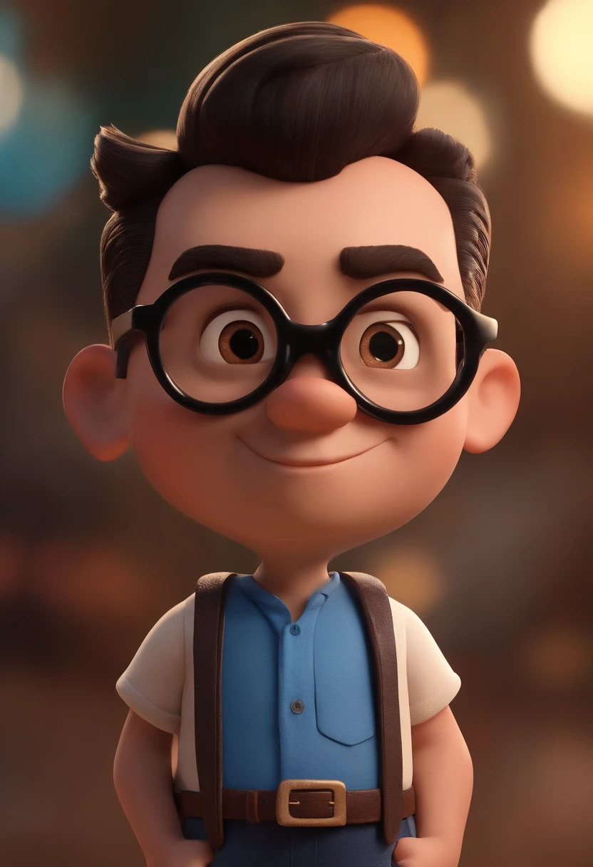 Cartoon character of a man wearing black glasses and a blue shirt, um personagem animado, Caractere estilizado, animation style rendering, 3D estilizado, Arnold Maya render, 3 d render stylized, toon render keyshot, Personagem 3D, Personagem 3D, 3d rendering stylized, 3 d character render, personagem de desenho animado, Personagem de close up, Pose de personagem, (Estilo Pixar) (master part:1.2) (Bokeh) (best quality) (pele detalhada) (textura detalhada) (8k) (argila) (Cinematic lighting) (foco nítido，Senta e vaza a parte superior do corpo