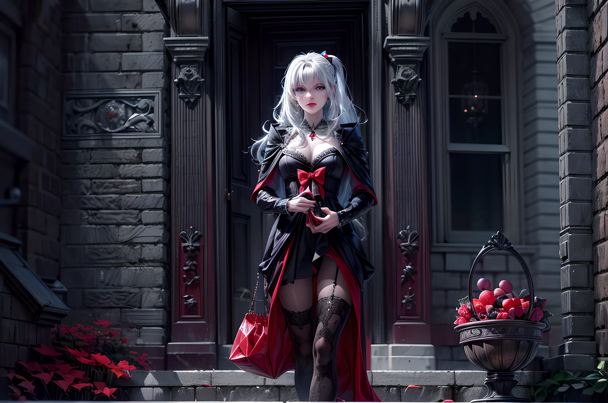 icture of vampire standing in the front of her home holding a (candy bag: 1.2), an exquisite beautiful female vampire in her front door of her home, full body (ultra detailed, Masterpiece, best quality), ultra detailed face (ultra detailed, Masterpiece, best quality), grey skin: 1.3 , blond hair, hair in a ponytail, long hair, blue eyes, cold eyes, glowing eyes, intense eyes, smile with [drops of blood on face] (ultra detailed, Masterpiece, best quality), dark red lips, [vampire fangs], wearing white dress (ultra detailed, Masterpiece, best quality), dark blue cloak, high heeled boots in front of her home, (holding a candy bag: 1.4), high details, best quality, 16k, [ultra detailed], masterpiece, best quality, (ultra detailed), full body, ultra wide shot, photorealism, dark fantasy art, moon light coming through the window, moon rays, gothic art, sense of dread, sense of seduction,