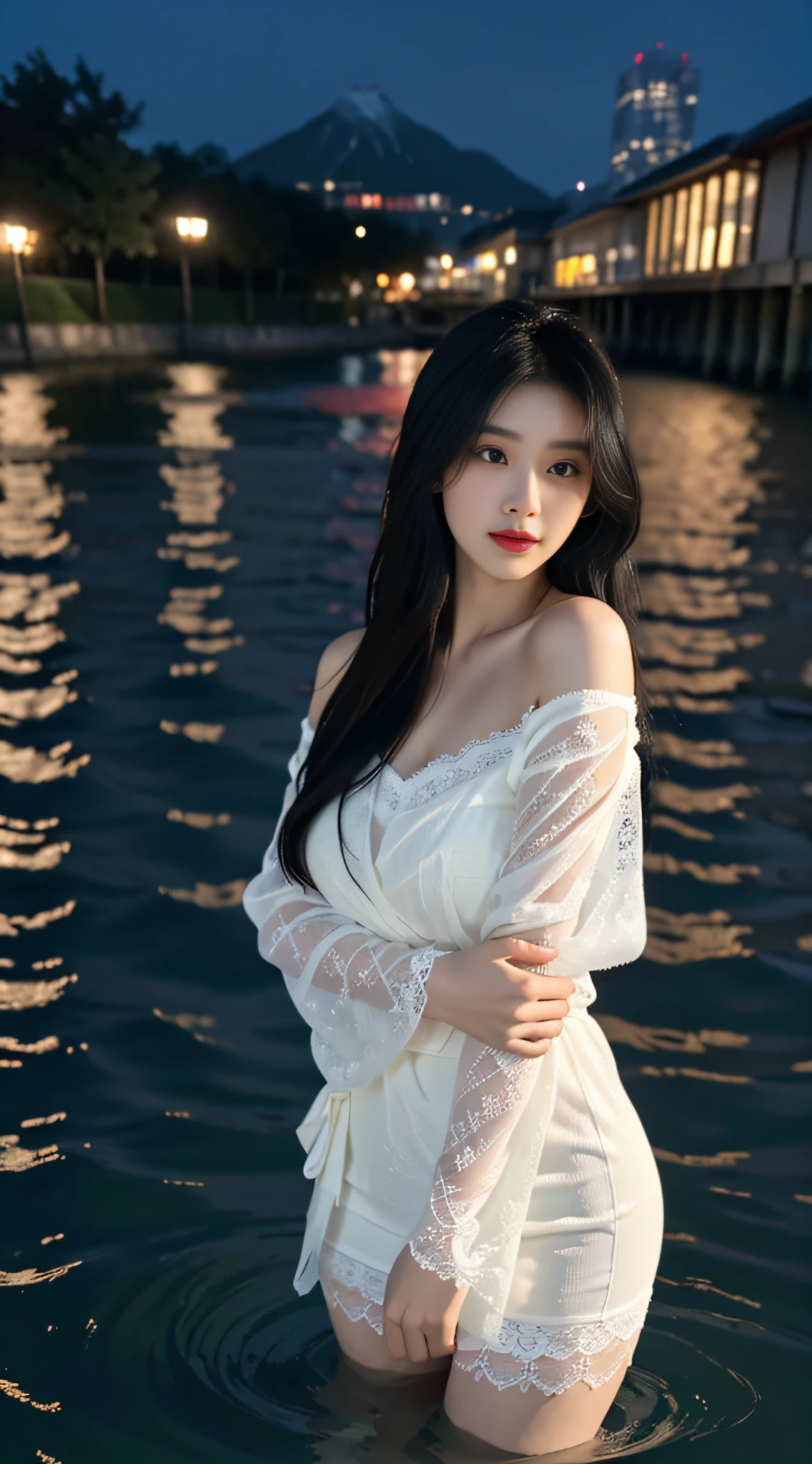 facing at camera,face to the viewer,standing on your feet,High picture quality,Works of masters,girl,Black hair,Long hair shawl,Long hair flowing over the shoulders,cropped shoulders,鎖骨,exquisite face,Hydrated red lips,White front buttoned lace-trimmed tulle butterfly dress,Hosiery,Expose calves,鎖骨,facing at camera,Single photo,Hosiery,A sad expression,Bust,Real Persono,swimmning,Stand in the water to expose your upper body(the sea),CG rendering,16k,looks into camera,The night view was beautiful,A sad parting,hyper HD,The details were perfect,The picture is real,Extreme picture quality,Highest accuracy,8K resolution,Shades of darkness,8K, Yes ,Ultra HD,8K