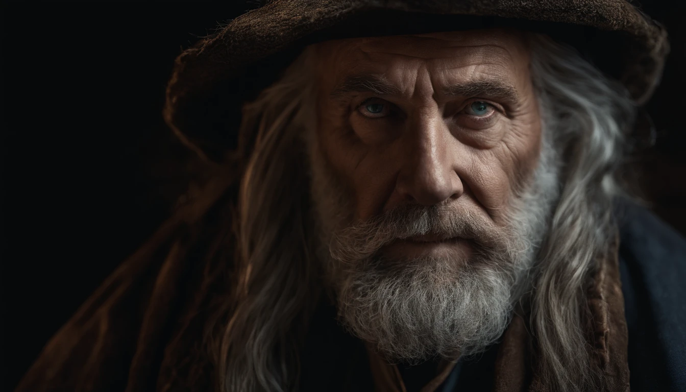 An old man with a long beard and a hat is looking at the camera - SeaArt AI