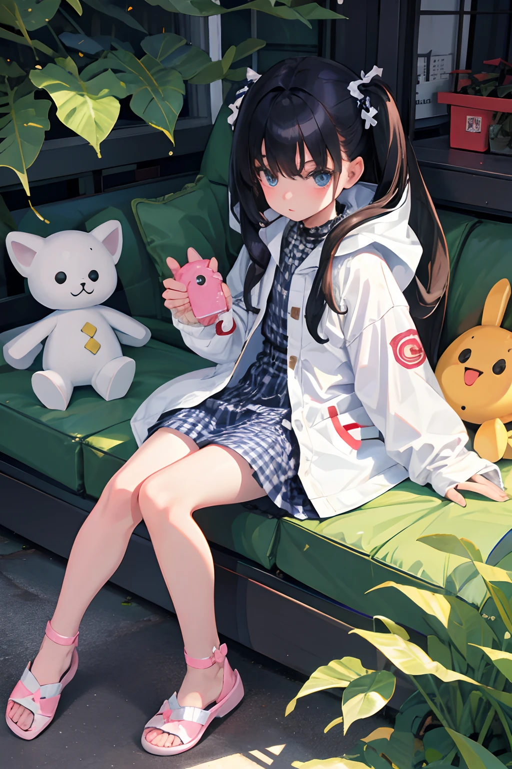 (child)，（​masterpiece，Highest Quality），parka，(gingham checked skirt)，A dark-haired，Twin-tailed，World of toys