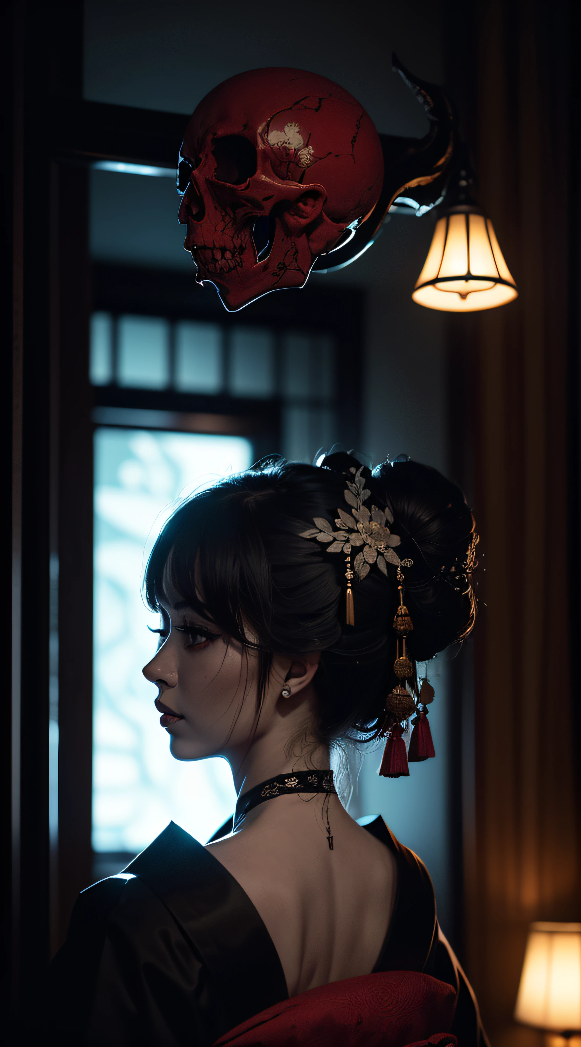 "(The best lighting, oscuro, dramatic),(geisha escupiendo espaguetis con tinta roja, sexy, cerebro, sangre, una rata dentro de la cabeza, terror.), (ojos rojos, calaveras). morning light.