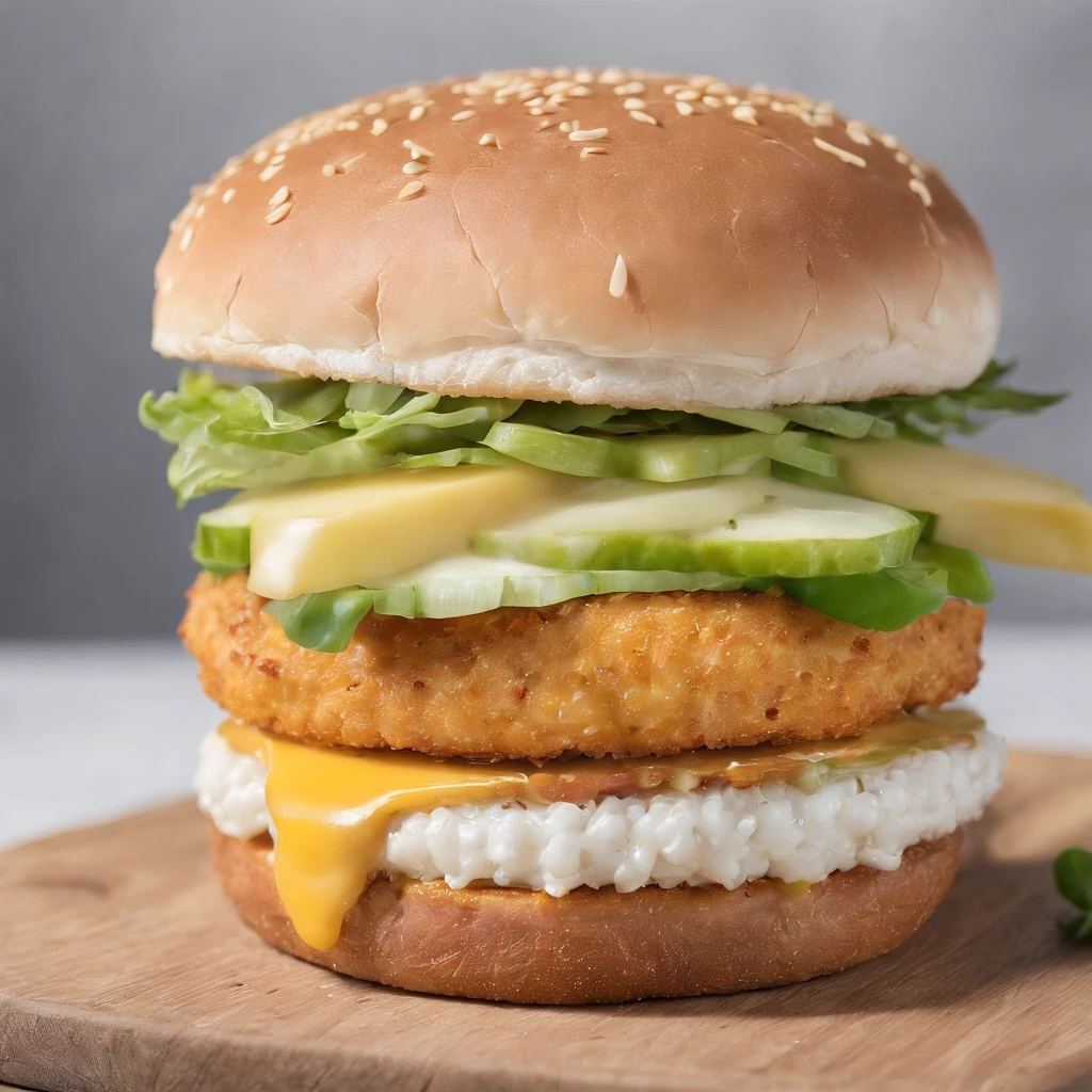 una hamburguesa de pollo, queso amarillo derretido, editorial photograph, Cinematographer, Disparado con lente de 70 mm, Profundidad de campo, Bokeh, DOf, Tilt Blur, shutter speed 1/1000, f/22, balance de blancos, 32K, Super-Resolution, fondo blanco