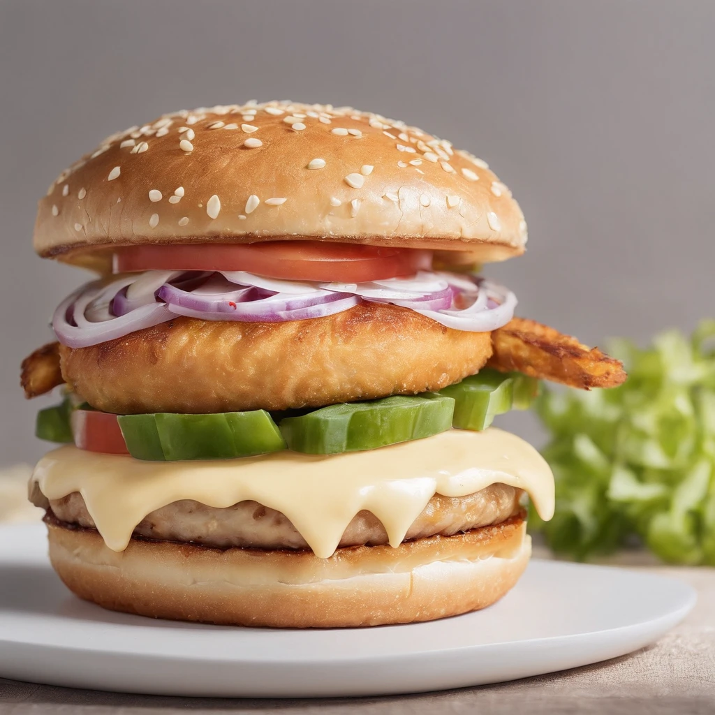 una hamburguesa de pollo, queso amarillo derretido, editorial photograph, Cinematographer, Disparado con lente de 70 mm, Profundidad de campo, Bokeh, DOf, Tilt Blur, shutter speed 1/1000, f/22, balance de blancos, 32K, Super-Resolution, fondo blanco