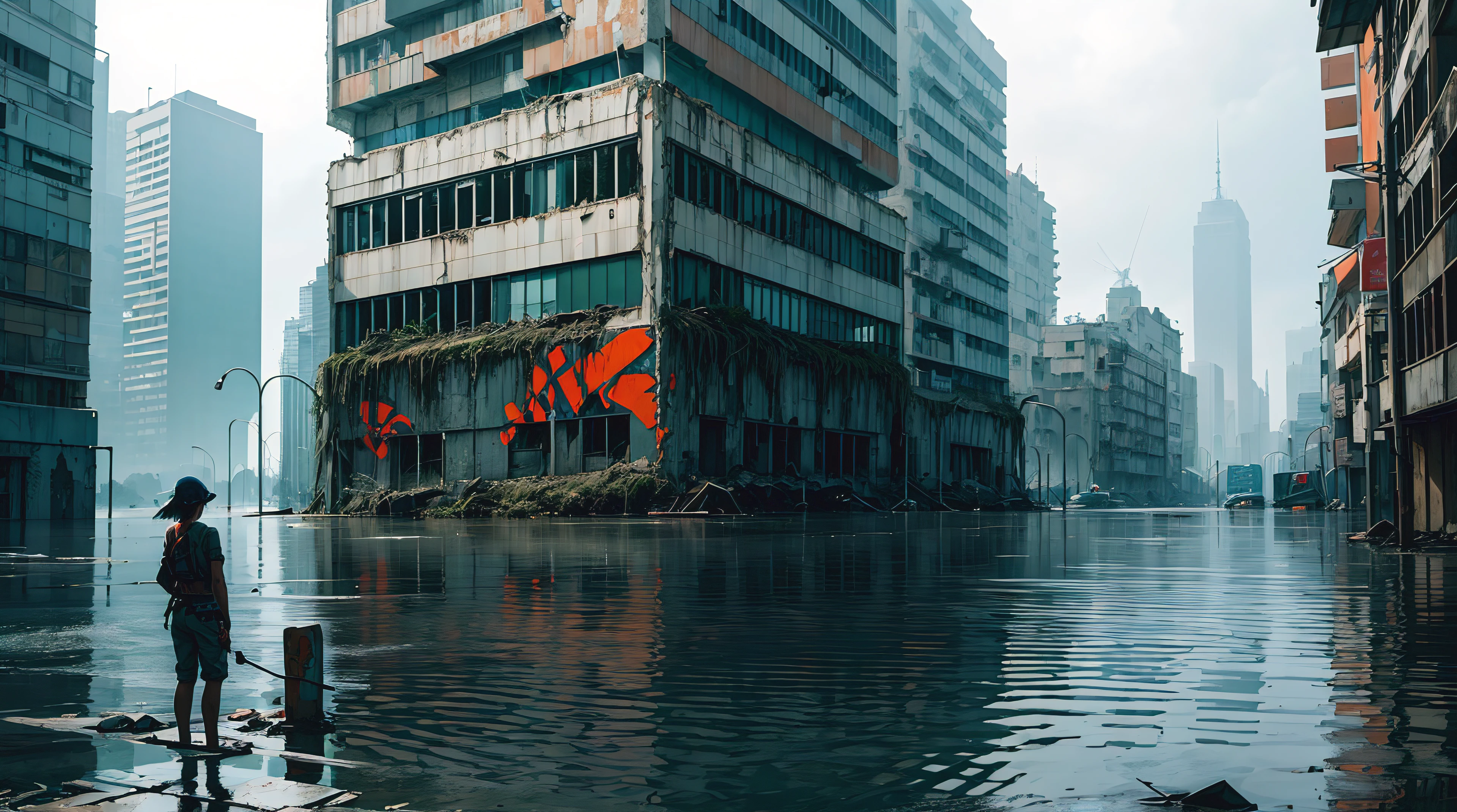 In a flooded, ruined city with partially submerged buildings, there stands a lone explorer, a solitary figure dressed in rags, gazing at the inundated landscape with an air of determination and hope. ((modernism, digital art)) teal and light orange, add texture to building (like rocks, graffiti)