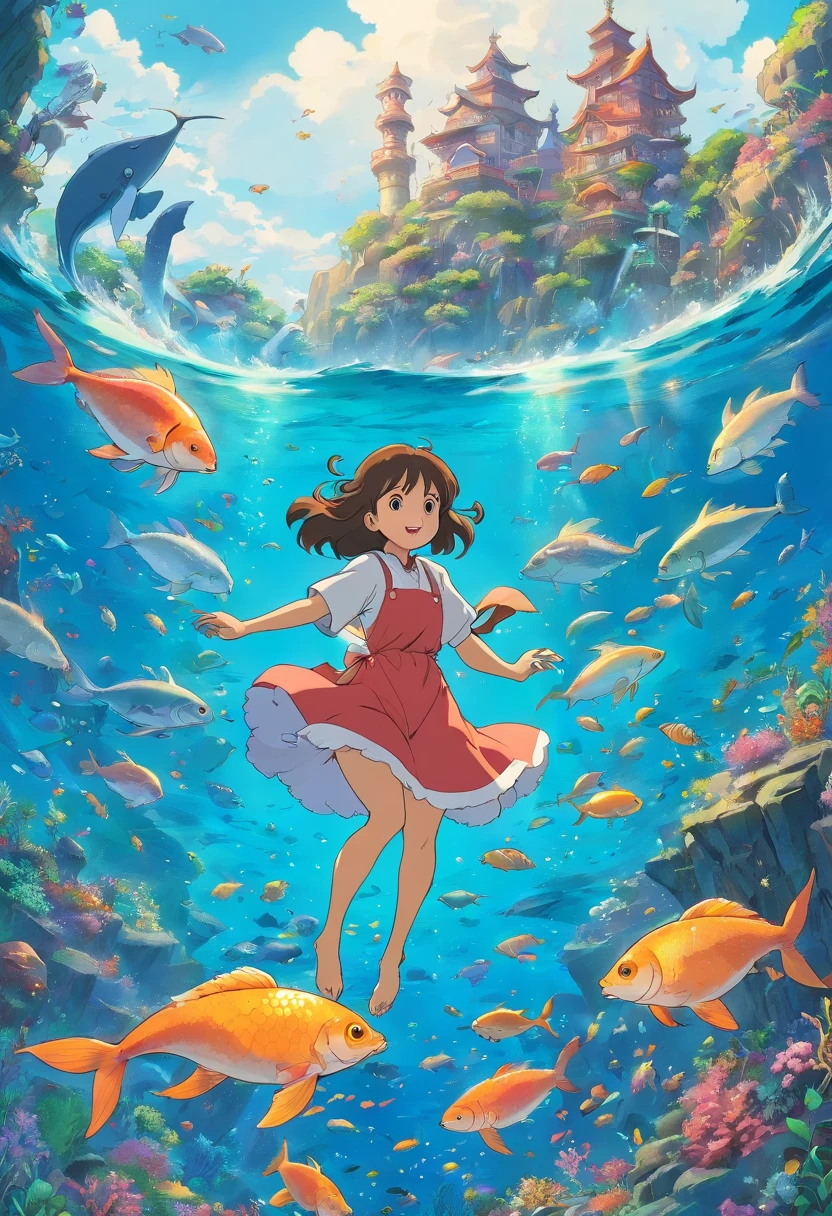Pequena sereia brincando com peixes grandes no oceano, Oceano de Turqouis, illustration style, colorido brilhante