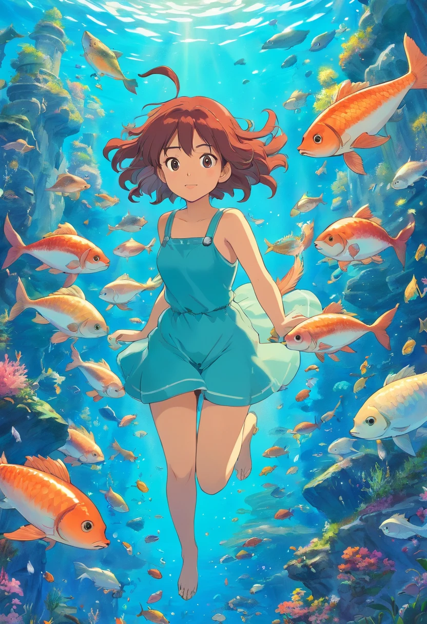 Pequena sereia brincando com peixes grandes no oceano, Oceano de Turqouis, illustration style, colorido brilhante