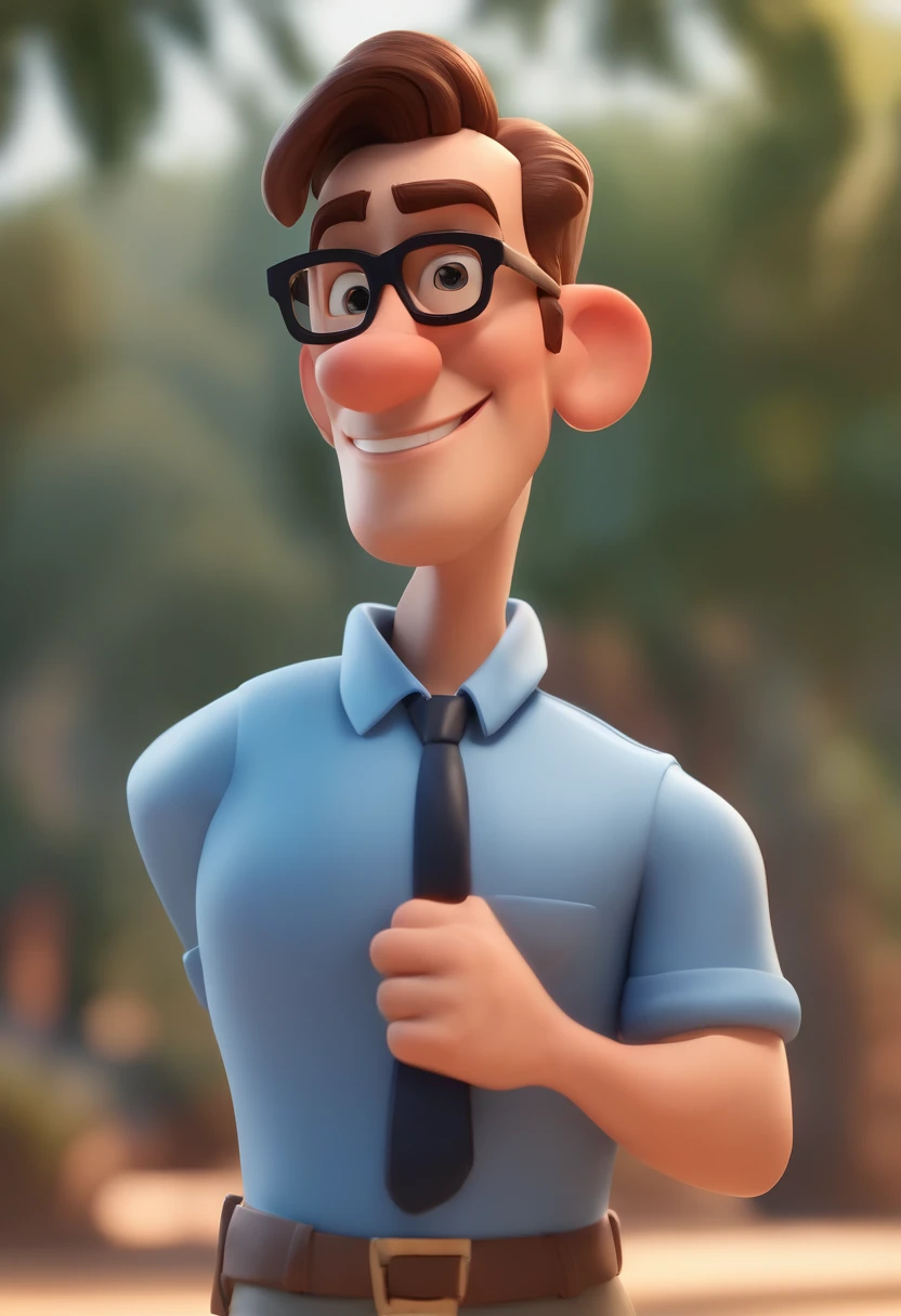 Cartoon character of a man wearing black glasses and a blue shirt, um personagem animado, Caractere estilizado, animation style rendering, 3D estilizado, Arnold Maya render, 3 d render stylized, toon render keyshot, Personagem 3D, Personagem 3D, 3d rendering stylized, 3 d character render, personagem de desenho animado, Personagem de close up, Pose de personagem, (Estilo Pixar) (master part:1.2) (Bokeh) (best quality) (pele detalhada) (textura detalhada) (8k) (argila) (Cinematic lighting) (foco nítido，Senta e vaza a parte superior do corpo