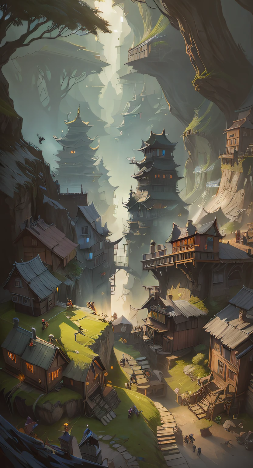 There is a painting，It is a village with many buildings in the mountains, andreas rocha style, inspired by Andreas Rocha, Detailed digital 2D fantasy art, 2. 5 D CGI anime fantasy artwork, Epic fantasy digital art style, the style of andreas rocha, dreamy Chinese towns, detailed digital concept art, High quality digital concept art，Join in some little furry monsters