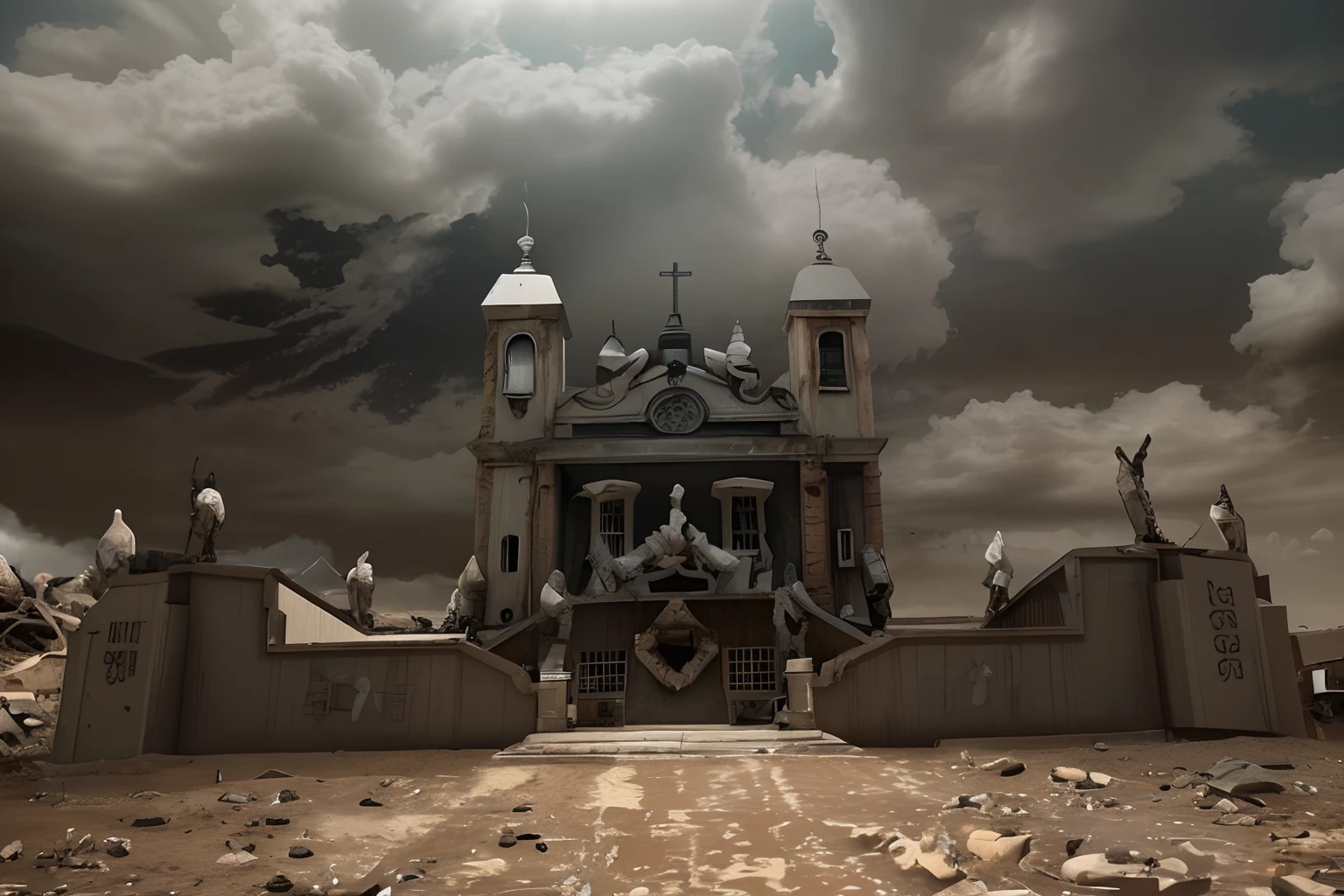 <lora:start:1> a Technicolor still showing an abandoned church, wall are falling in with 5 freaking freaks carnivore teeth on steroids