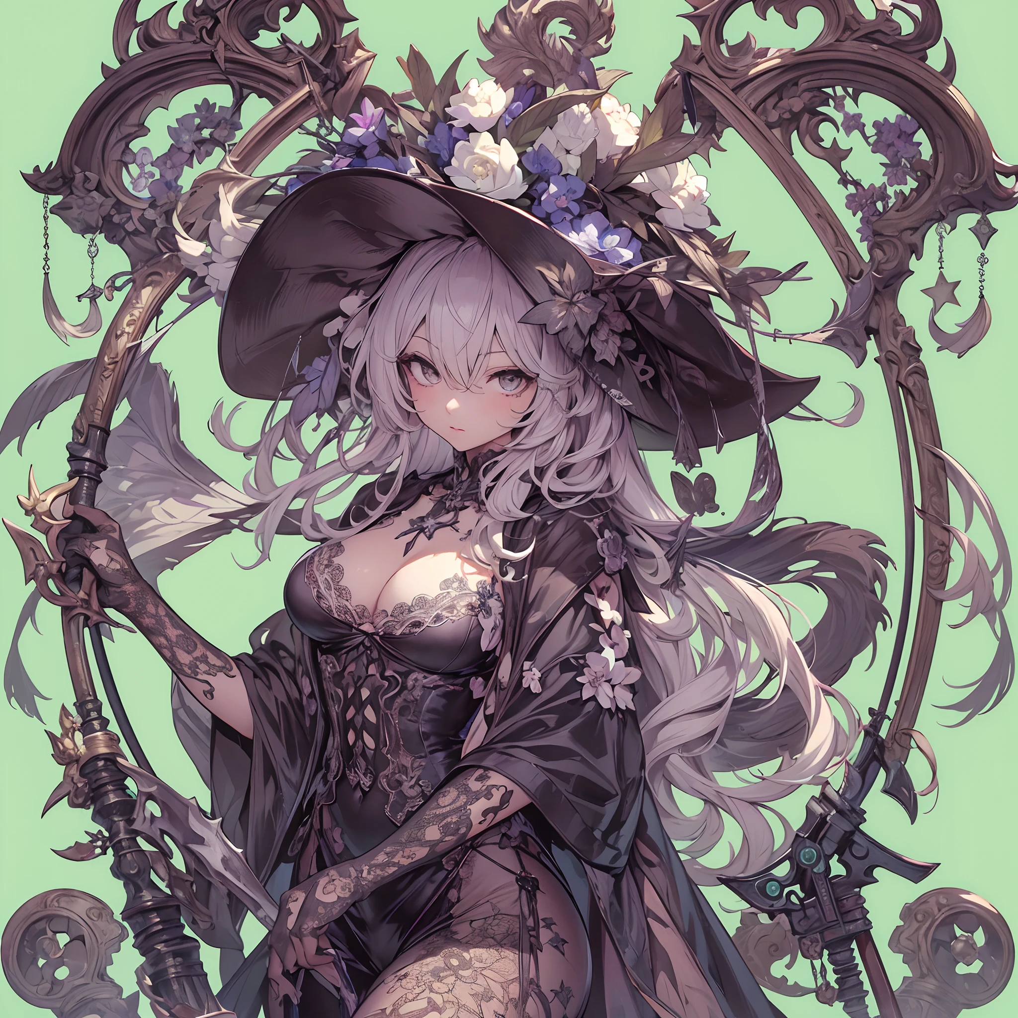 ((Masterpiece, Highest quality)), Detailed face, CharacterDesignSheet, full bodyesbian, Full of details, Multiple poses and expressions, Highly detailed, Depth, Many parts,holding a scythe,shinigami,estilo fantasia,Extremely beautiful,High Balance, Natural light, Lace,lacepantyhose,Sunny décor,Star decoration