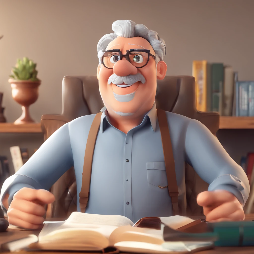 Crie um cartaz inspirado na Disney Pixar com o personagem sendo o pastor Rubens Janier, A gray-haired man wearing glasses, in an office with a Bible on the table