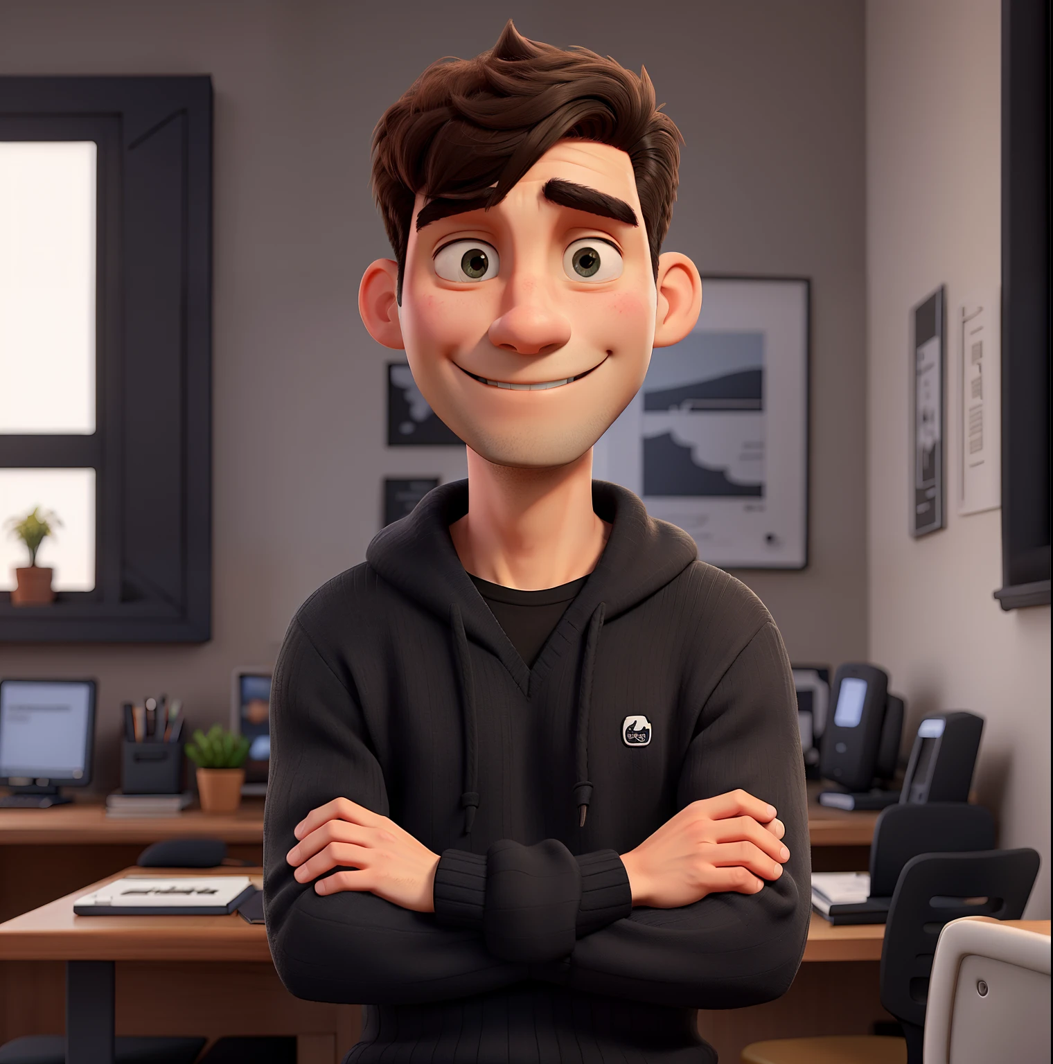 Smiling man in black sweater with arms crossed,