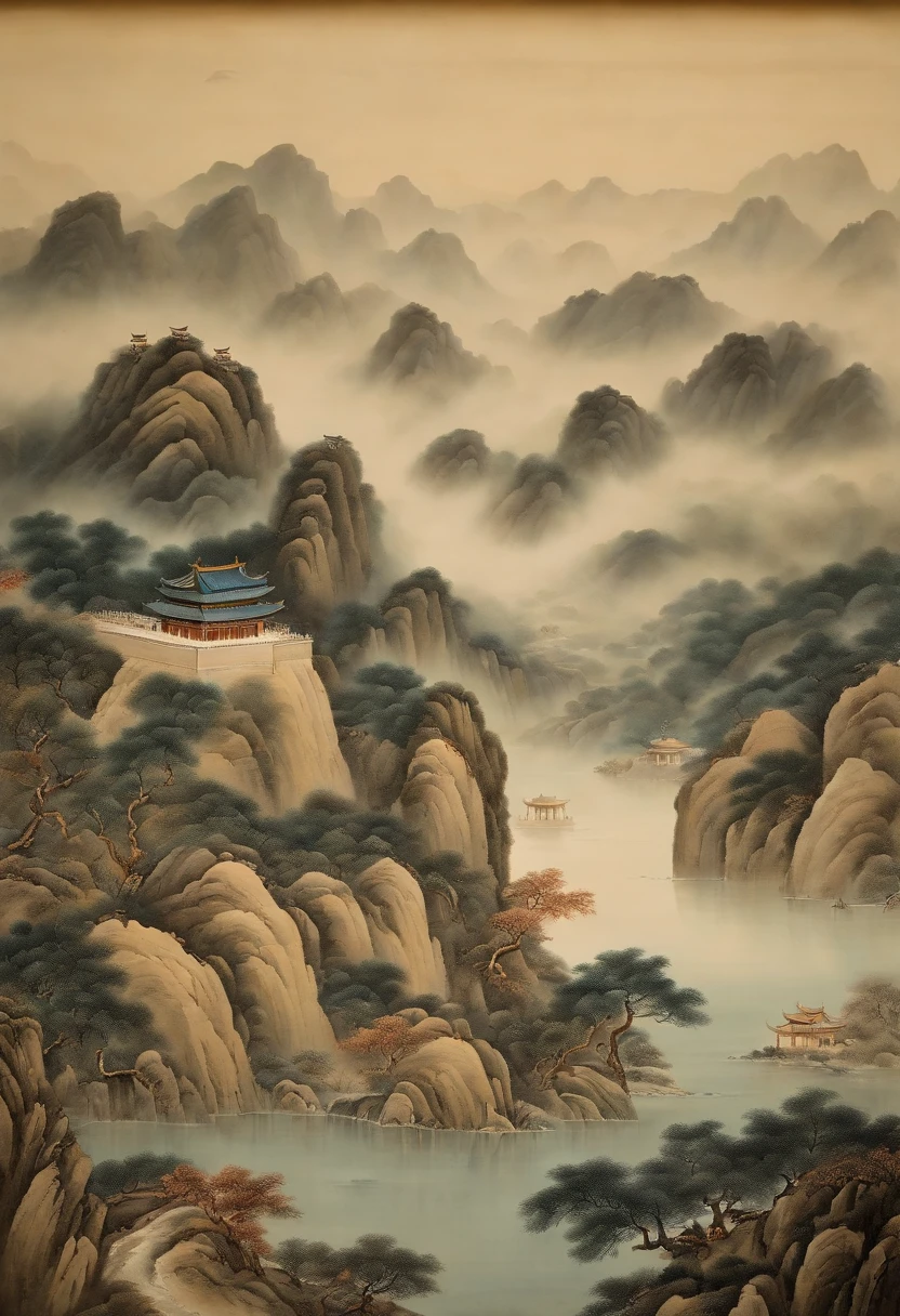 Masterpiece, best quality, very much detailed, superbly detailed, high mountains and flowing water, Chinese painting, Forbidden City, imposing, realistic landscapes, Song Dynasty scenes