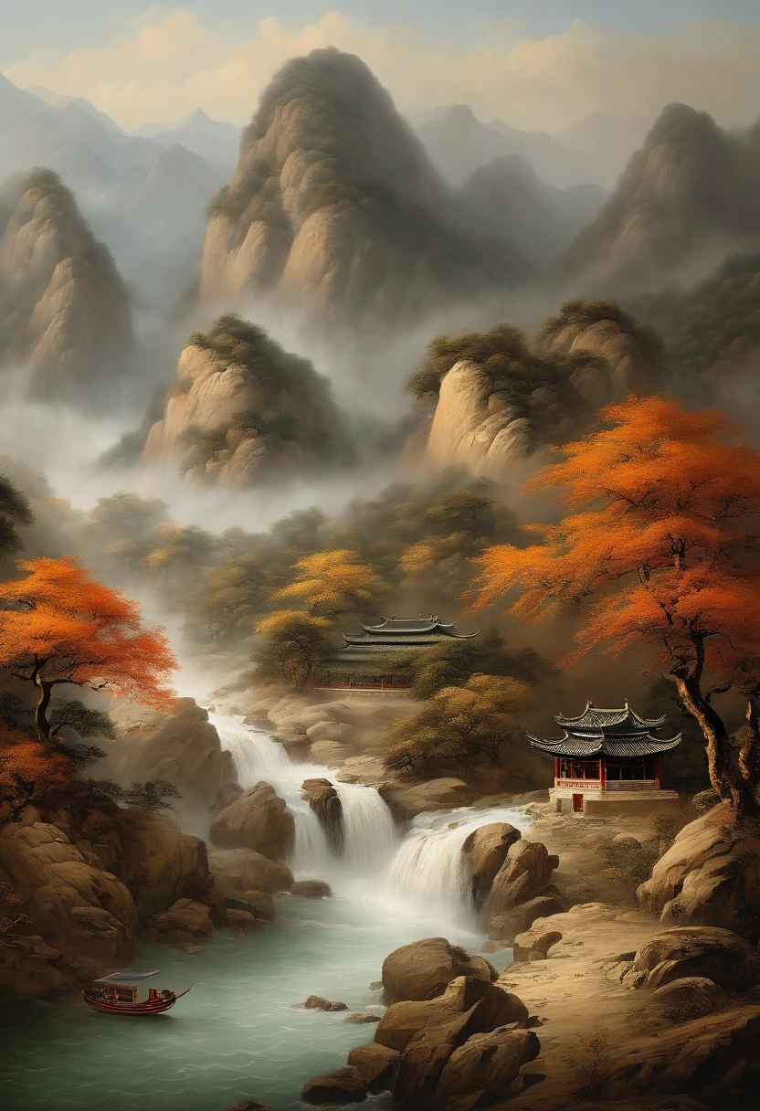 Masterpiece, best quality, very much detailed, superbly detailed, high mountains and flowing water, Chinese painting, Forbidden City, imposing, realistic landscapes, Song Dynasty scenes