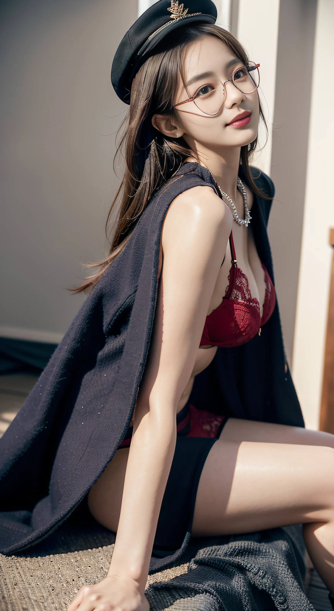 （３２K,high-detail,high detal,hight resolution,highdensity,独奏,Lori：1.3）,（Realistic people,Live action,A detailed eye,High resolution eyes,Fine eyes,Eyes that look like they are alive,beautiful dark blue eyes,Fishing eyes,Detailed lips,Crystal clear white skin,detailed realistic faces：1.3）,（Japanese ido,Korean Idols,model in Japan,Korean models,Korean K-Pop Female Idol：1.2）,（with a flushed face,natural make up,a necklace,piercings：1.4）（Skirt with cut,Colorful tops with oversized silhouettes,Large leather coat,Leather boots,Hats,Mode-based beautiful eye casual：1.6）,（well-shaped breasts：1.5）,（Young but very beautiful and sexy Korean１6 years old little girl,Cool eyes,little smiling,facing back,turned around,Looking at the camera,Fashion Leader,fashion modell,Soft skin,Unforgettable eyes,Her eyes are too beautiful,I want to go to Paris Collection..............,Cutting-edge fashion：1.6）,（showing your whole body,Show full-body fashion,Stylish blue glasses,Exposed breasts with visible thighs,,Lace red panties and red bra,Fall,Lying down,,Cherished boobs,Cherished panties：1.7）