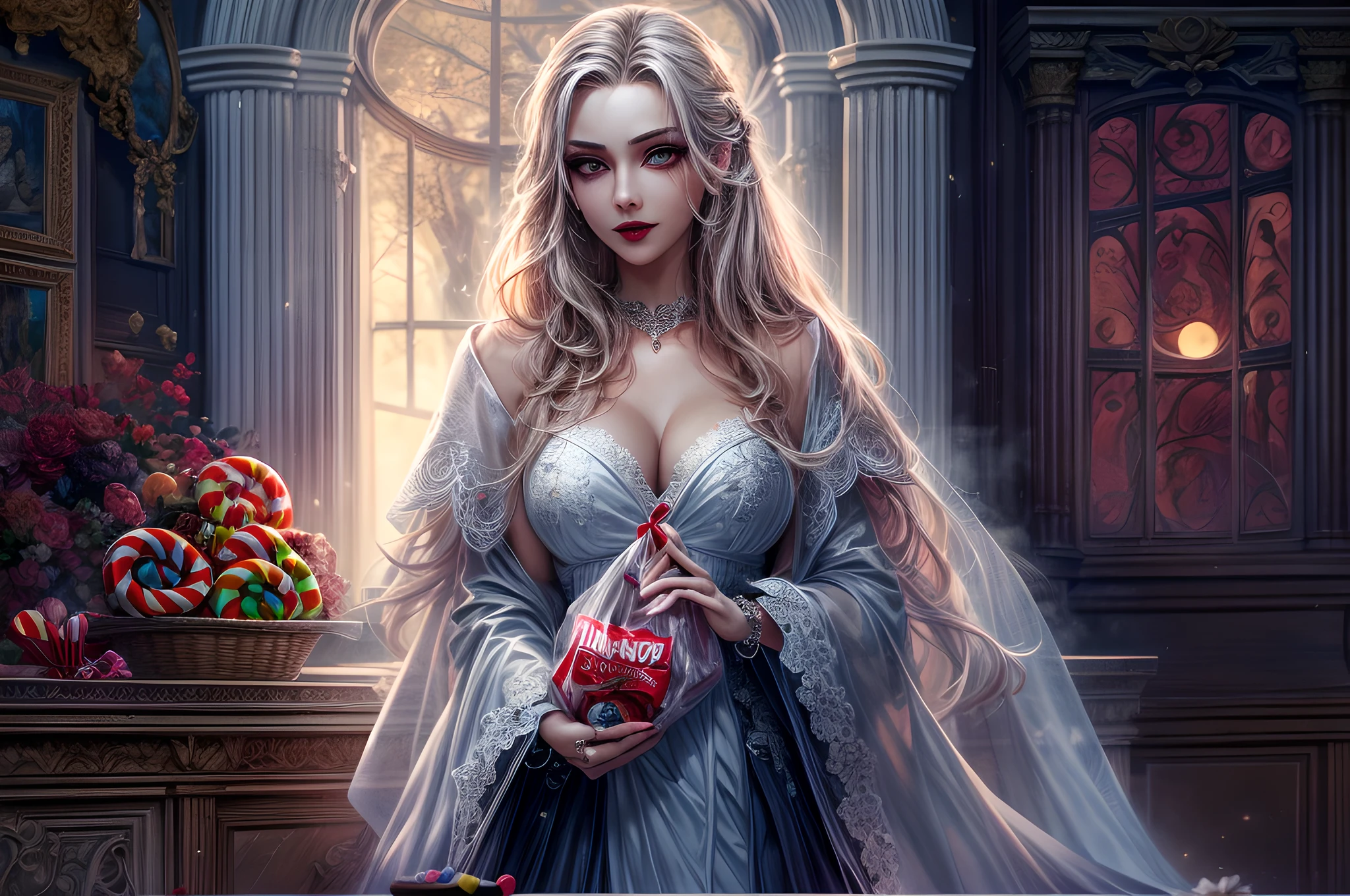 icture of vampire standing in the front of her home holding a (candy bag: 1.2), an exquisite beautiful female vampire in her front door of her home, full body (ultra detailed, Masterpiece, best quality), ultra detailed face (ultra detailed, Masterpiece, best quality), grey skin: 1.3 , blond hair, hair in a ponytail, long hair, blue eyes, cold eyes, glowing eyes, intense eyes, smile with [drops of blood on face] (ultra detailed, Masterpiece, best quality), dark red lips, [vampire fangs], wearing white dress (ultra detailed, Masterpiece, best quality), dark blue cloak, high heeled boots in front of her home, (holding a candy bag: 1.4), high details, best quality, 16k, [ultra detailed], masterpiece, best quality, (ultra detailed), full body, ultra wide shot, photorealism, dark fantasy art, moon light coming through the window, moon rays, gothic art, sense of dread, sense of seduction,