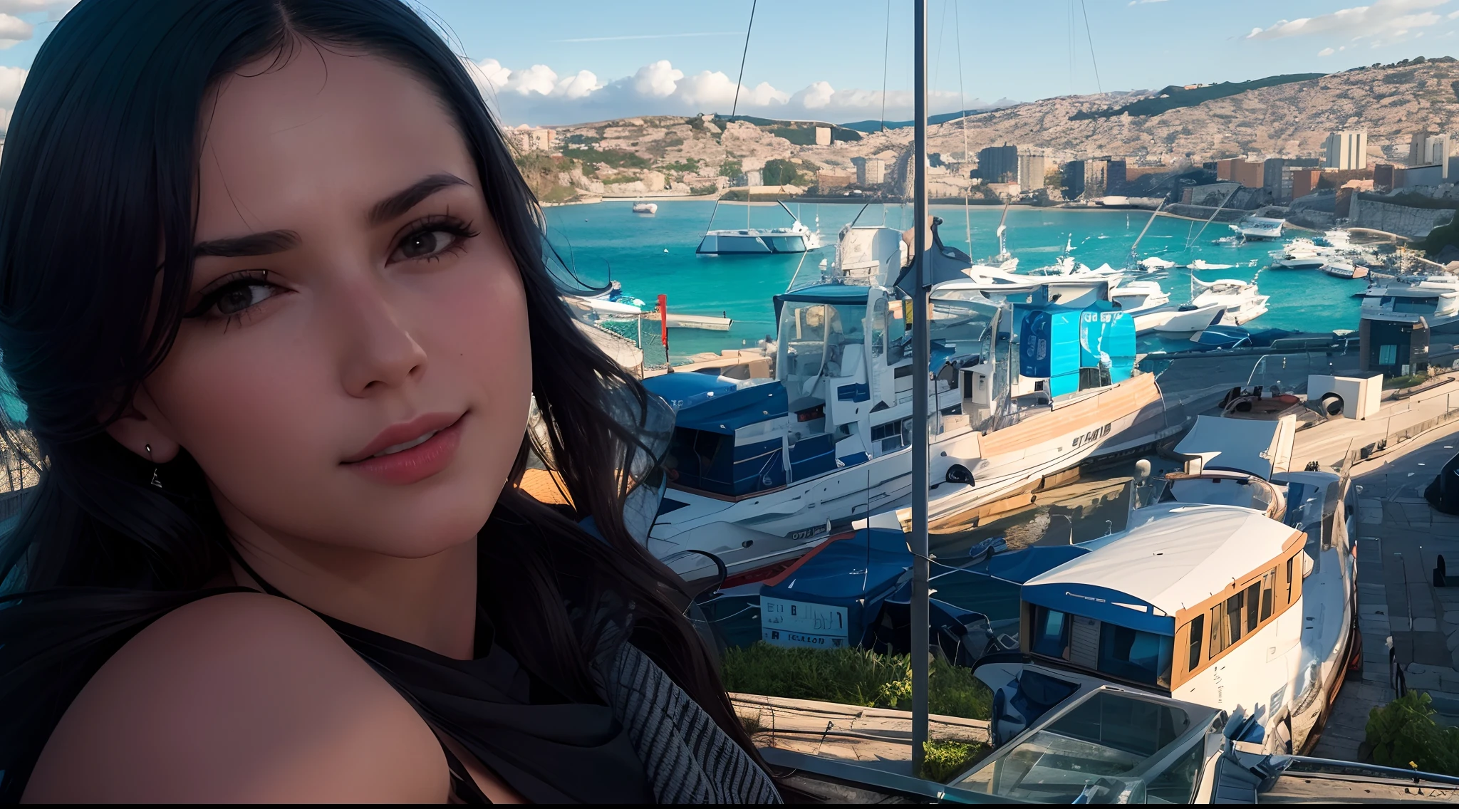 there is a woman that is standing in front of a harbor, nice view, ekaterina, 8k selfie photograph, beautiful view, mina petrovic, maia sandu hyperrealistic, profile pic, amazing view, high quality upload, vacation photo, innblásin af Júlíönu Sveinsdóttur, barbara hammer 4 k, city in the background