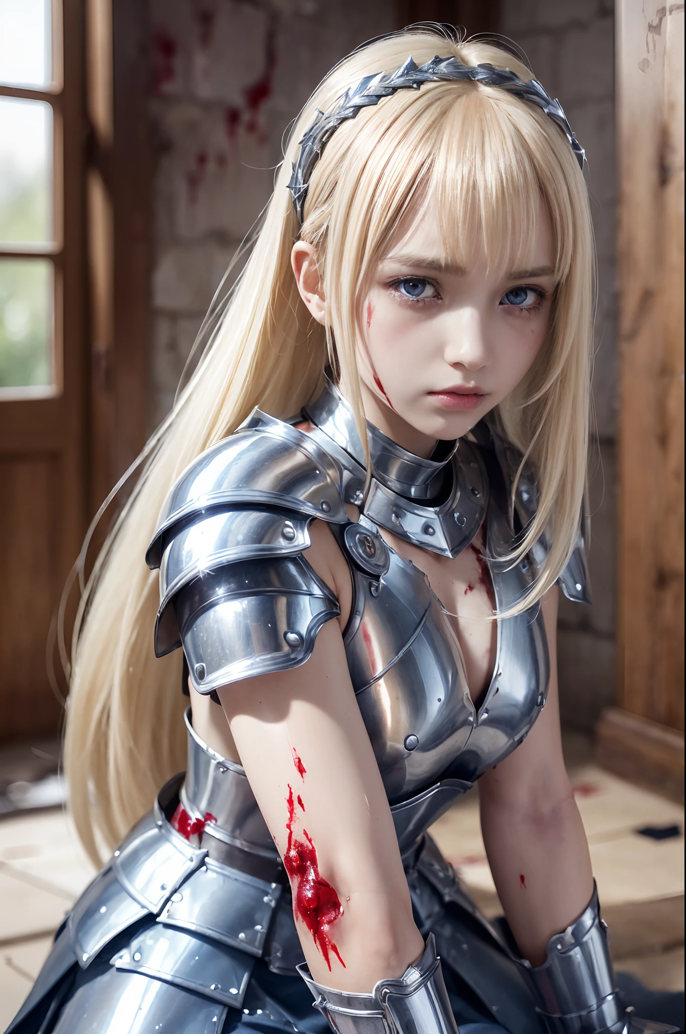 bright expression、poneyTail、Young shiny shiny white shiny skin、Best Looks、Blonde reflected light、Platinum blonde hair with dazzling highlights、shiny light hair,、Super long silky straight hair、Beautiful bangs that shine、Glowing crystal clear attractive big blue eyes、Very beautiful nice cute 16 year old girl、Lush bust,Beautiful detailed eyes, beautiful detailed nose,(( Full body:1.25)),Makeup that the eyes emphasize、((Pleated skirt with many folds)),(Women like Joan of Arc)、(Woman knight)、(Destroyed armor、Cracked armor)、Knights, (Broken sword and cracked shield),Royal style,(Crying、weak and tired eyes、dishevled hair、Tired and weak face:1.2),(Bruises and blood stains on the face and body、injuries on body、Damage、Wounds and cuts:1.2),(Tattered clothes:1.3)、(Kneeling weakly:1.2)、 (Inside the Prison)、Sub-surface scattering, ornate detail, Hyper-realistic, ((Cinematic)), Dramatic Lighting, masutepiece