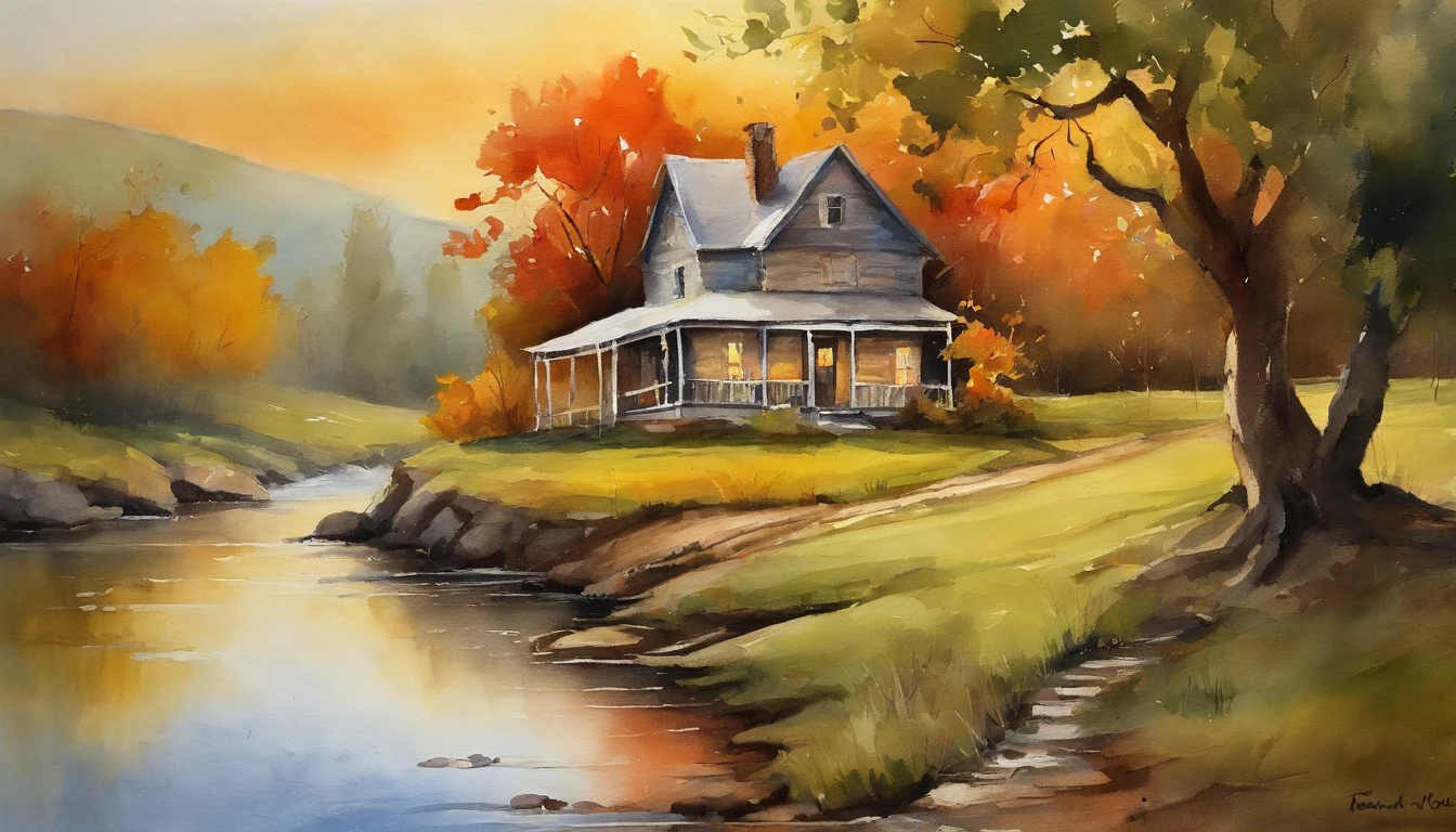 Farmhouse under a big tree beside a creek, Sunrise, Bull trolley ,  Oil Painting, Classic style, Rich colors, brushstrokes, Vivid textures, Expressive portrait, dynamic compositions, Light and shadow capture, Artistry, timeless beauty.