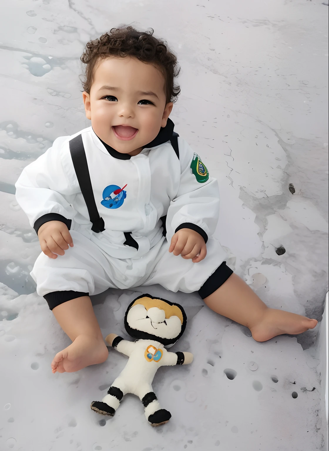 arafed baby in a traje espacial holding a stuffed toy, wearing Astronauta outfit, em uma roupa de cadete espacial, Astronauta suit, traje espacial, fully traje espacialed, Traje espacial, wearing a traje espacial, traje de alta qualidade, with a traje espacial on, small Astronauta looking up, in Traje espacial, wears tiny Traje espacial, tema espacial, Traje pressurizado espacial, Astronauta