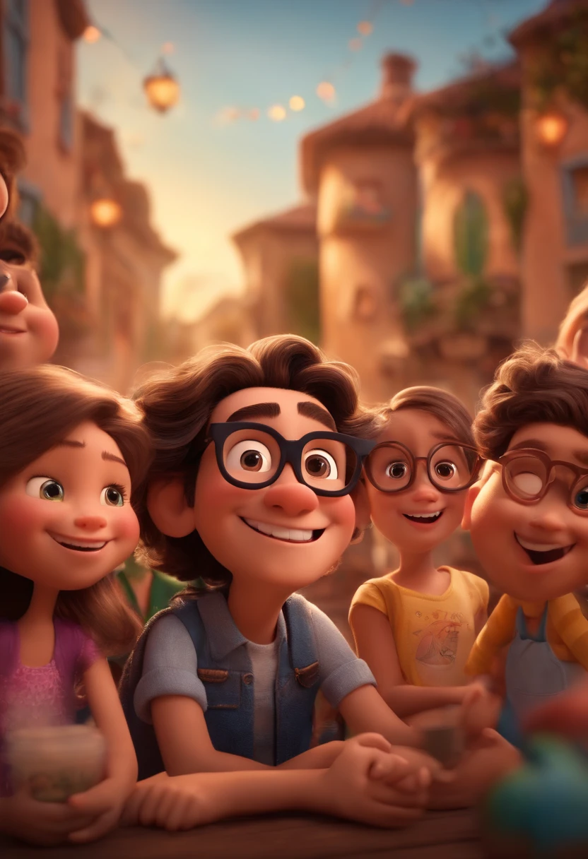Um filme inspirado na Disney Pixar, um homem branco de 40 anos, cabelos pretos,  olhos castanhos escuros, with black glasses, cabelo raspado, com sorriso contagiante. dentro A cena estar na arte distinta do estilo PIXAR, , in a setting with many happy children behind
