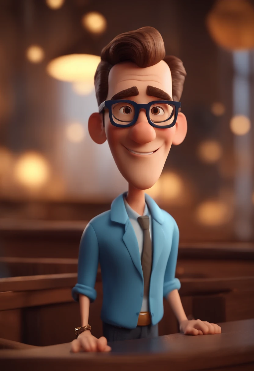 Cartoon character of a man with black glasses and a blue shirt, animation character, Caractere estilizado, animation style rendering, 3D estilizado, Arnold Maya render, 3 d render stylized, toon render keyshot, Personagem 3D, Personagem 3D, 3d rendering stylized, 3 d character render, personagem de desenho animado, Personagem de close up, Pose de personagem, (Estilo Pixar) (master part:1.2) (Bokeh) (best quality) (pele detalhada) (textura detalhada) (8k) (argila) (Cinematic lighting) (foco nítido