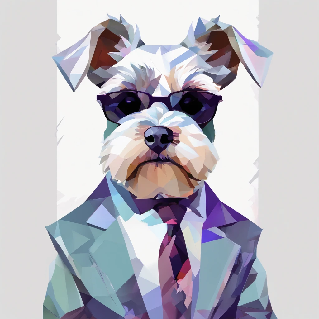 Perfect alignment, Cute little schnauzer in a jacket,Crystal Vase,Rose flower, Wearing sunglasses, cheerfulness, Standing position, Abstract beauty, Centered, Looking at the camera, Facing the camera, Approaching perfection, Dynamic, Highly detailed, Smooth, Sharp Focus, 8K, hight resolution, Illustration, art by carne griffiths and wadim kashin, White background