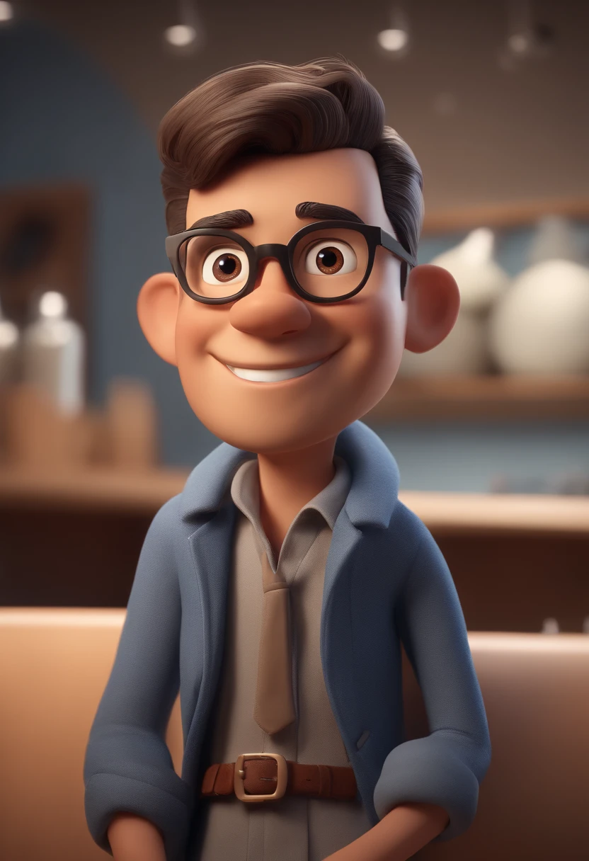 Cartoon character of a young man wearing round gray glasses and a blue shirt, de cabelo curto e castanho, um personagem animado, Caractere estilizado, animation style rendering, 3D estilizado, Arnold Maya render, 3 d render stylized, toon render keyshot, Personagem 3D, Personagem 3D, 3d rendering stylized, 3 d character render, personagem de desenho animado, Personagem de close up, Pose de personagem, (Estilo Pixar) (master part:1.2) (Bokeh) (best quality) (pele detalhada) (textura detalhada) (8k) (argila) (Cinematic lighting) (foco nítido,Sits and empties upper body in a dental office alone