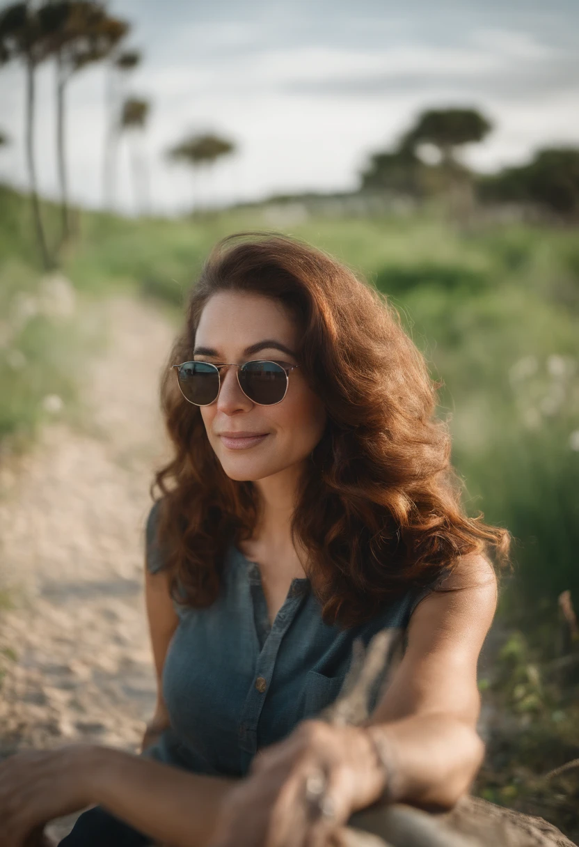 Homem de 36 anos, of eyeglasses, olhos verdes, com cabelos brancos, corte de cabelo de dois blocos, vestido com uma regata colorida lisa, Walking by the sea, expression happy