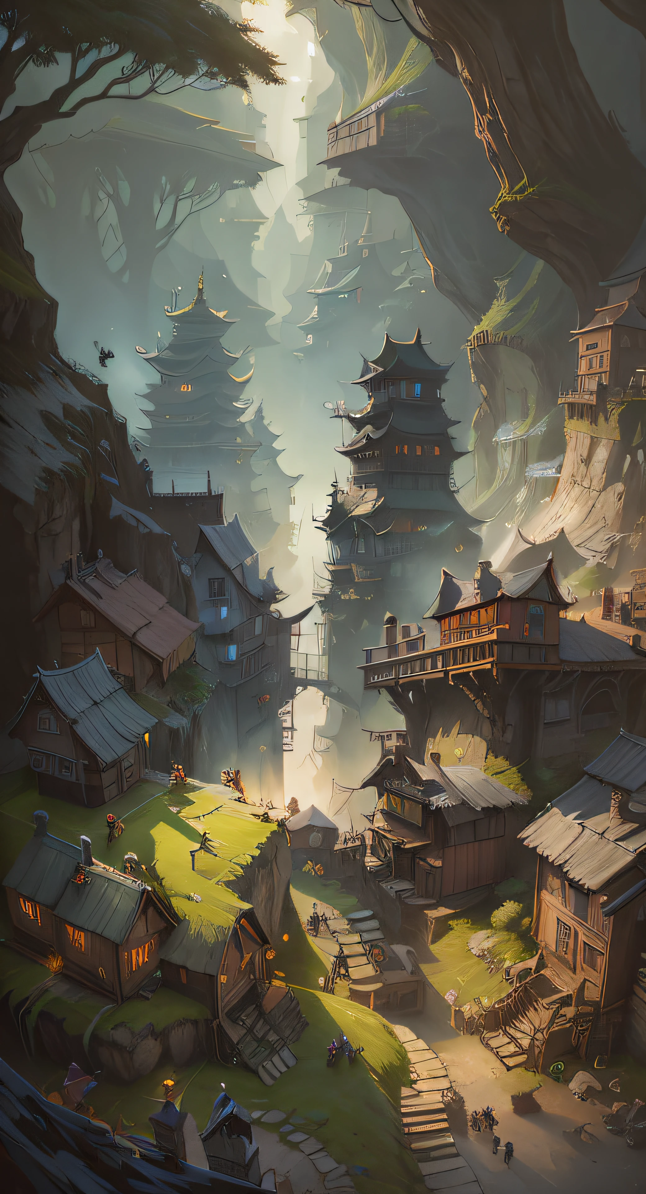 There is a painting,It is a village with many buildings in the mountains, andreas rocha style, inspired by Andreas Rocha, Detailed digital 2D fantasy art, 2. 5 D CGI anime fantasy artwork, Epic fantasy digital art style, the style of andreas rocha, dreamy Chinese towns, detailed digital concept art, High quality digital concept art,Join in some little furry monsters