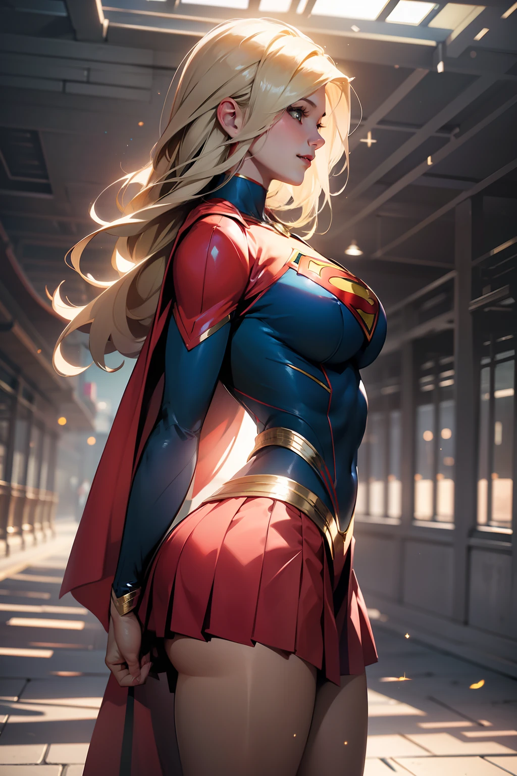 nsfw: 1.5, masterpiece, best quality, high quality, high definition, high quality textures, high quality shadows, high definition, beautiful detail, highly detailed CG, detailed textures, realistic representation of faces, realistic, colorful, delicate , cinematic lights, side lights, lens flares, ray tracing, sharp focus, supergirl, ((best quality, masterpiece, absurd, 8k)), 1 girl, solo, 21 years old,Supergirl(Helen Slater), huge breasts, huge breasts,back view,back view, back view, back view;1.4,long hair down to her hips, long hair,low hair, voluminous hair, white skin tone, green eyes, sparkling expressive eyes, huge breasts, she is supergirl, Supergirl cosplay , japanese sailor school uniform female cosplay Supergirl, costume female school,stocking 7/8 ,superman suit, blushing, embarrassed expression, shy smile, building terrace, daytime, pretty, young woman, hands behind) (1girl, __focus__:1.3), (intricate details, makeup , PureErosFace_V1:0.5), (delicate beautiful face with details, Delicate eyes beautiful in details, perfect face proportions, dense skin, ideal proportion of four fingers and one thumb, arms under the chest, huge breasts, miniskirt,upskirt,wide hips, flat upper abdomen , thin, dressed, blonde: 1.3), bed, no hands