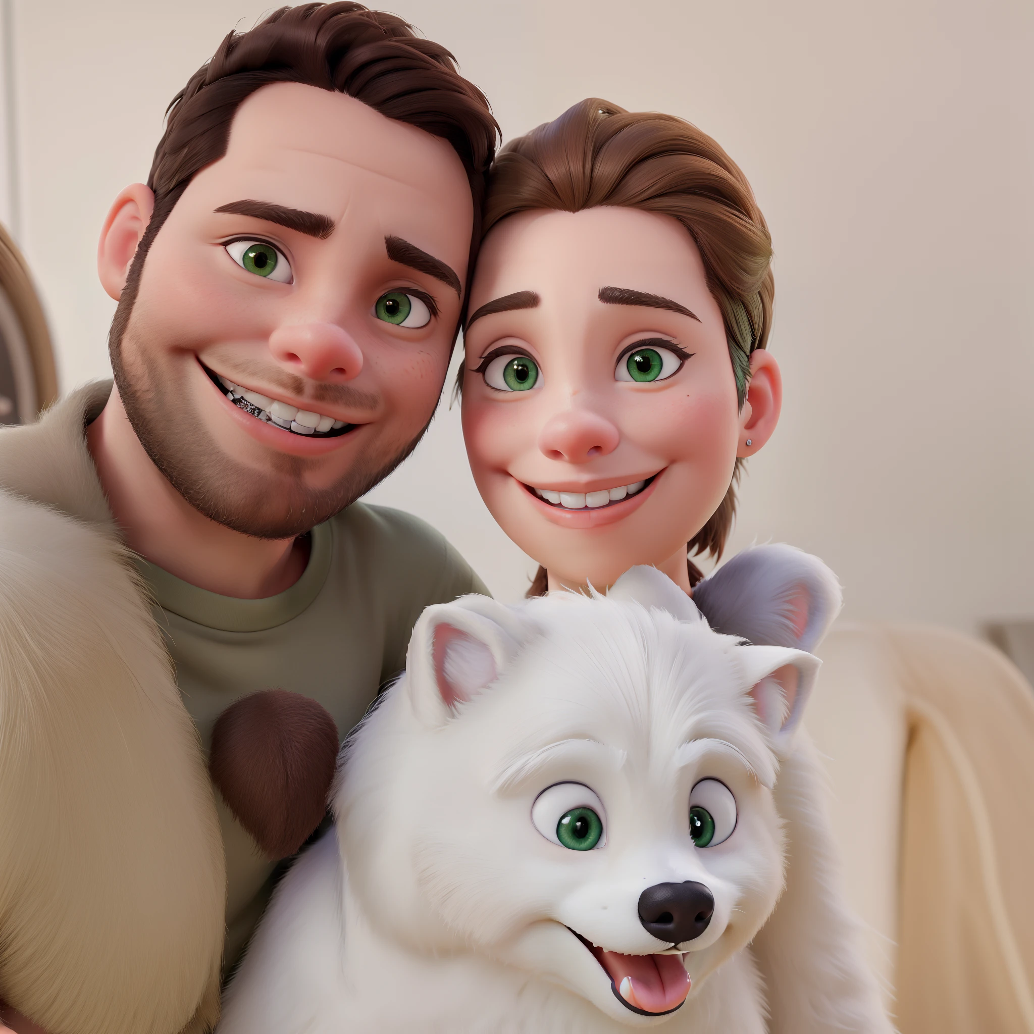 There's a brunette man ,soridente, de aparelho nos dentes e cabelo preto,   e uma mulher loira, sorridente, Green eyes who are posing for a photo with a white Pomeranian puppy.