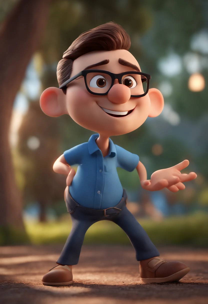 Cartoon character of a man wearing black glasses and a blue shirt, um personagem animado, Caractere estilizado, animation style rendering, 3D estilizado, Arnold Maya render, 3 d render stylized, toon render keyshot, Personagem 3D, Personagem 3D, 3d rendering stylized, 3 d character render, personagem de desenho animado, Personagem de close up, Pose de personagem, (Estilo Pixar) (master part:1.2) (Bokeh) (best quality) (pele detalhada) (textura detalhada) (8k) (argila) (Cinematic lighting) (foco nítido，Senta e vaza a parte superior do corpo