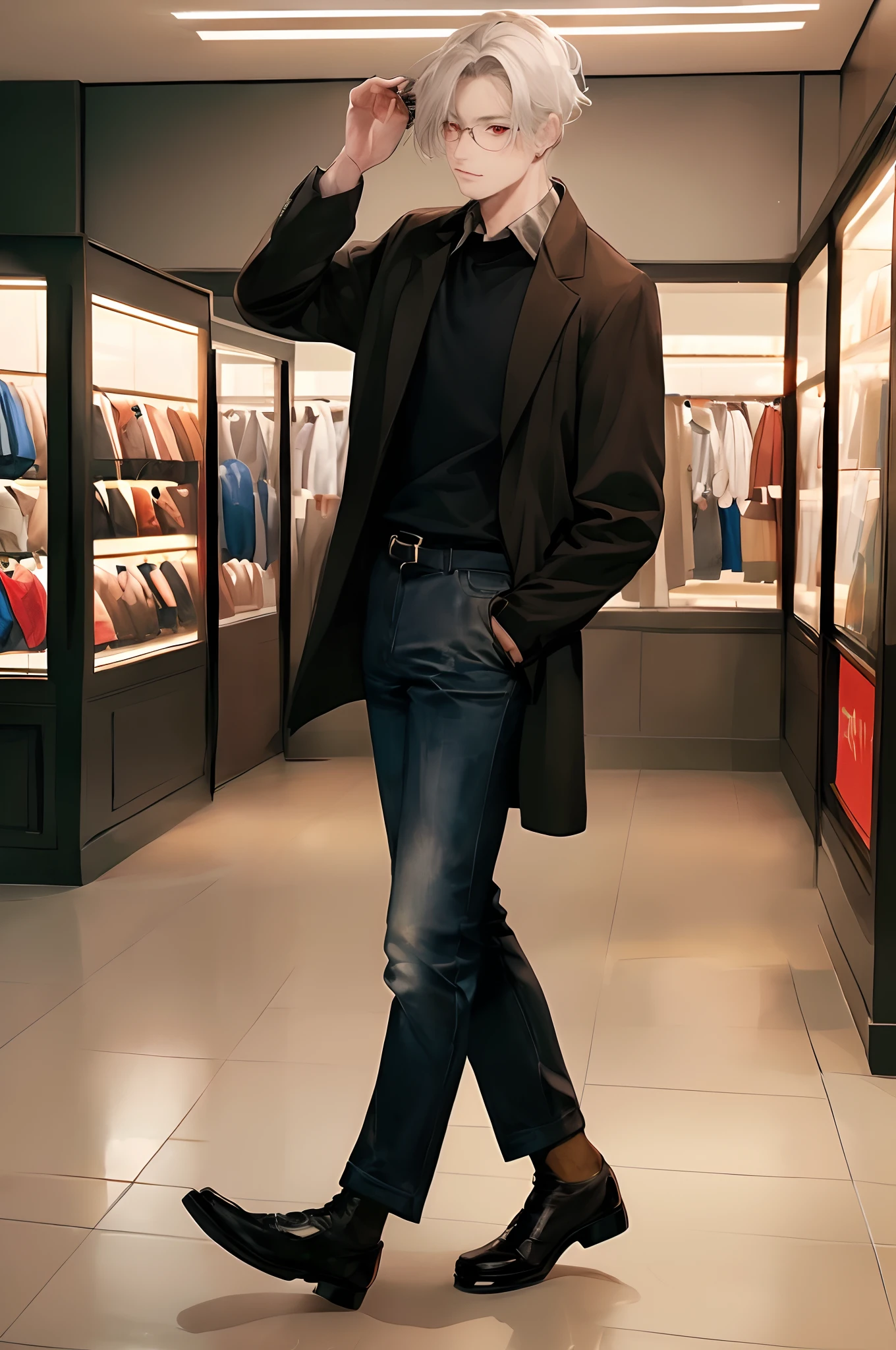 (4K works))、masterpiece、(top-quality)、((In front of the department store))、Korean Male、Adult male、((Adult 50 years old))、((Adult uncle type))、((Leather Jeans Style))、((Face similar to Hyunjin))、Cool Men、tall、((Gentle face))、((Cool werewolf fashion in black))、((Long sleeve long trouser style))、((Smaller face))、Slim body、((Uncle))、((white hair))、((white short-haired))、((Red Eyes))、((shot from front))、((Shot alone))、((Solo Photography))、Professional Photos、((Reach out to your audience))、((He walks in front of the viewer))、((dad bod))、