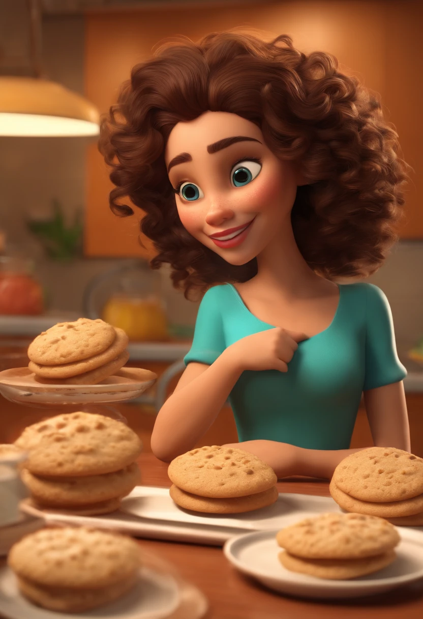 3D post inspired by Pixar/Disney, scene of a brunette woman with curly hair, olive skin color, making cookies, with flour on your face, add highlighted text in the scene saying Multi Doces, Disney cartoon scene background, ultra HDR, 16k, full HD, ultra detailed, pixar style, ultra realism - 16:9 ar