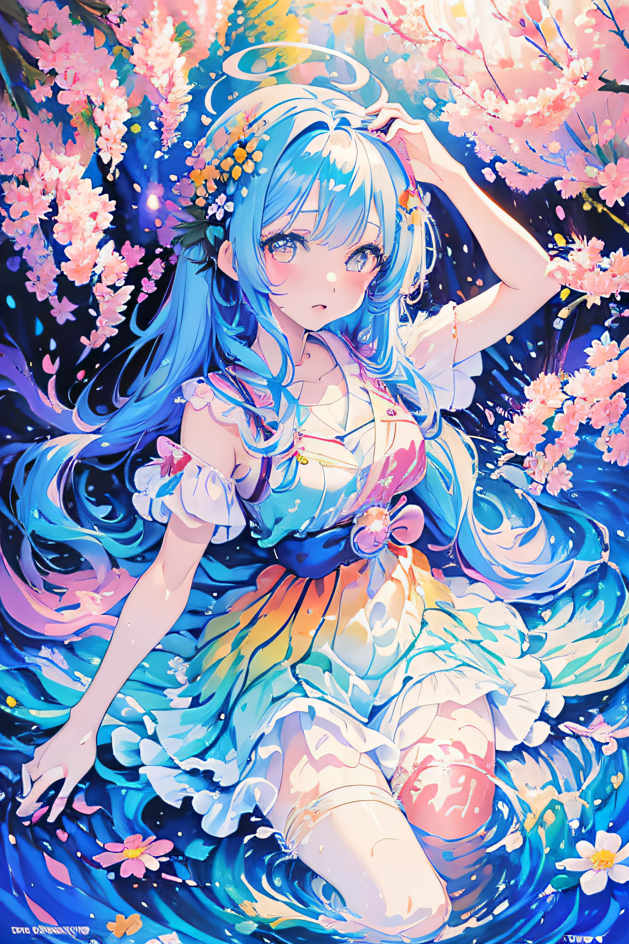Anime girl with blue hair and flowers in her hair, official artwork, high detailed official artwork, pixiv, minakata, Pixiv Contest Winner, Official art, pixiv 3dcg, pixiv style, splash art anime loli, official anime artwork, Digital art at Pixiv, Top Rated on pixiv, water element, overdetailed art, Ahegao