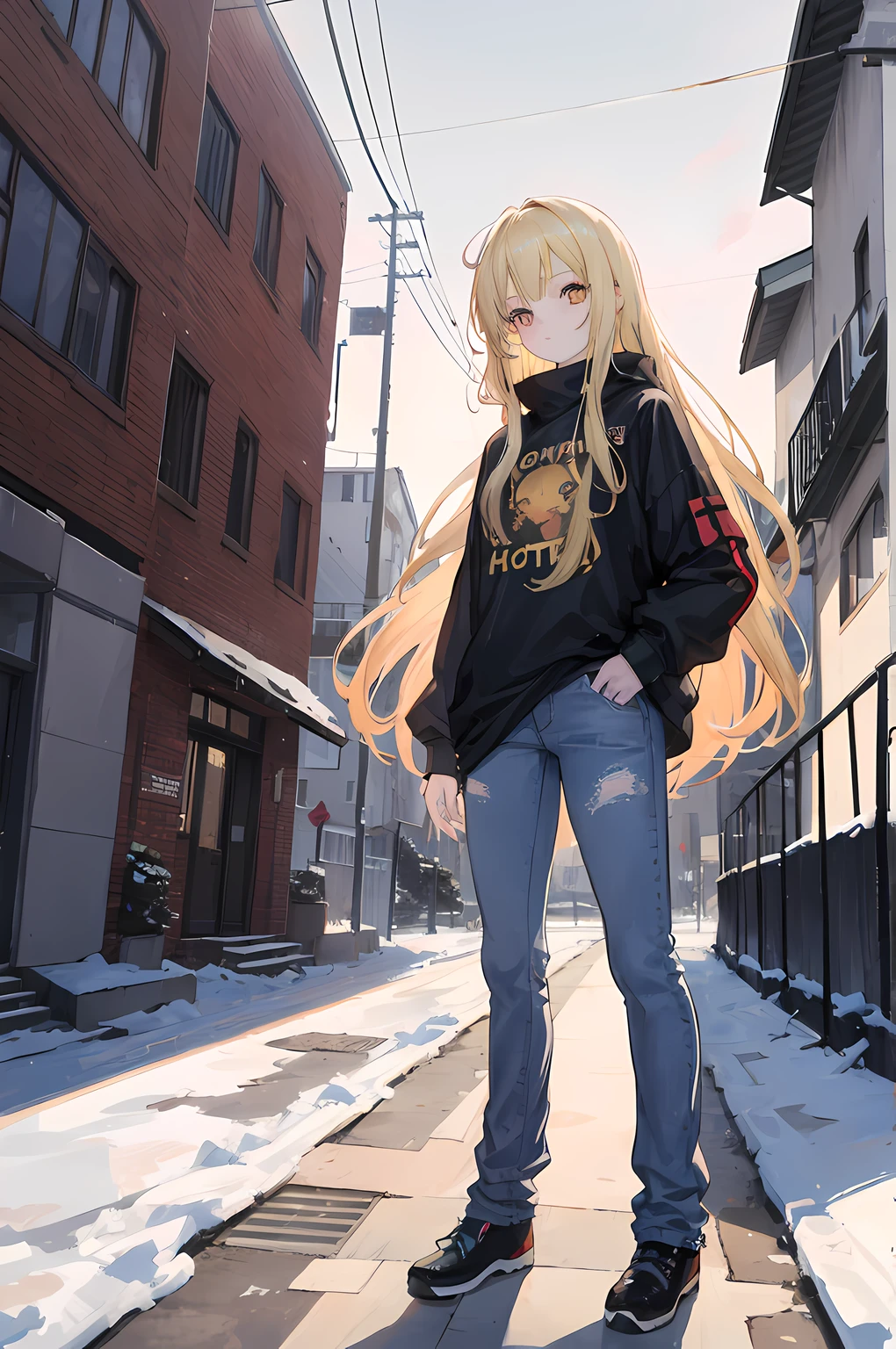 1 anime girl, cute, 7 , long blonde hair, golden eyes, pale skin white, wearing a turtle neck t-shirt full sleeve and jeans full, city, late winter(little snow), early morning (7-9 AM)+, absurd res, high res, ultra sharp, 8k, masterpiece, standing in front of a gate of apartment complex, sideway looking at the sky, hypermaximalist, octane render, digital art, elegant, octane render, commission art