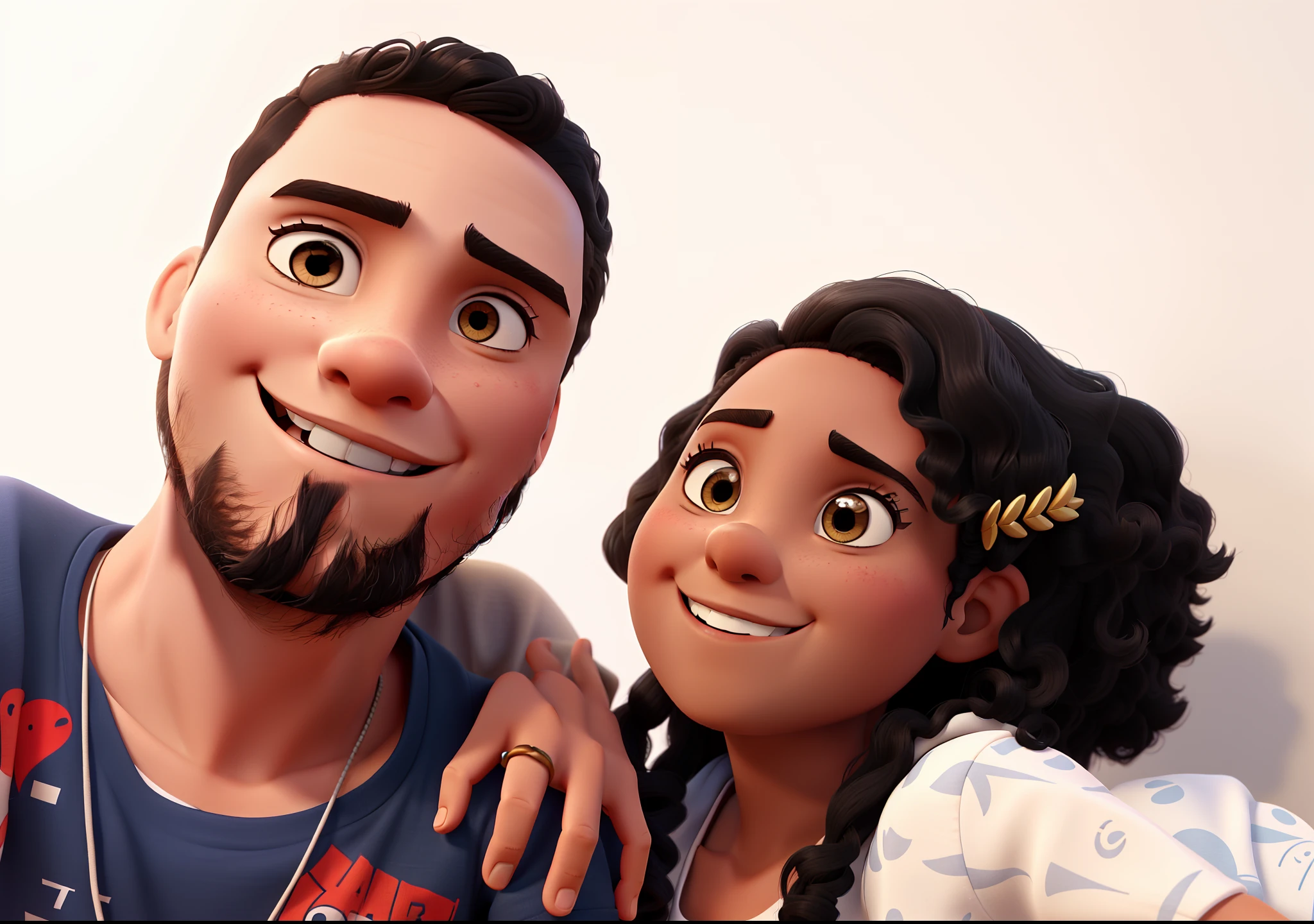 Disney Pixar style poster of a young and cute couple in their 20s, he is thin, with short, curly and wavy hair, a black t-shirt, and she is chubby, beautiful, beautiful black woman with an afro black power hairstyle, both with dark brown eyes, posing for selfie