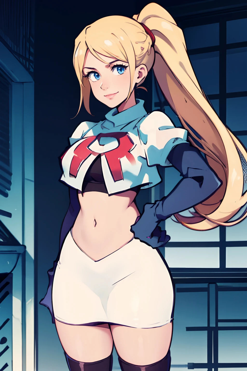 samus aran, ponytail, hair tie, team rocket, team rocket uniform, red letter R, white skirt, white crop top, black thigh-highs, black elbow gloves, smile