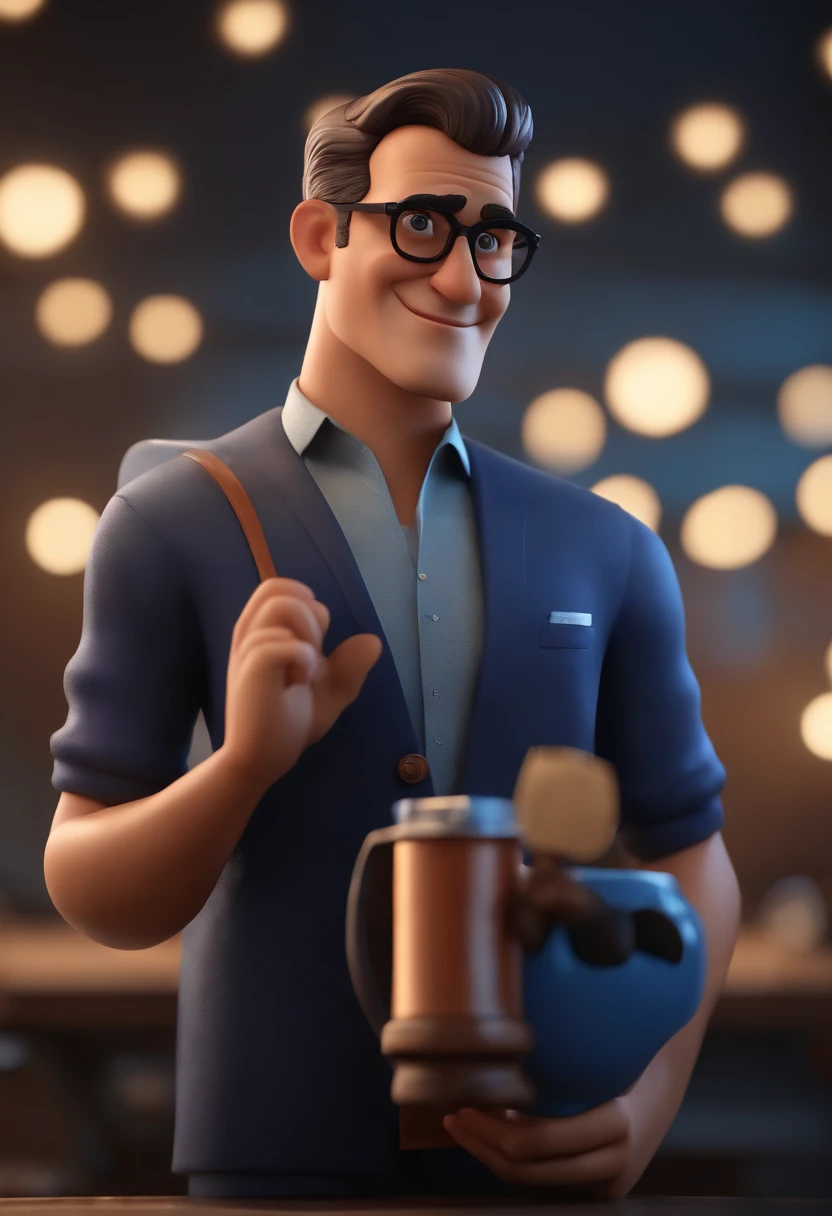 Personagem de desenho animado de um homem de 35 anos, cabelo grisalho raspado, Wearing round glasses and a black shirt, Toasting with a glass of wine, um personagem animado, Caractere estilizado, animation style rendering, 3D estilizado, Arnold Maya render, 3 d render stylized, toon render keyshot, Personagem 3D, Personagem 3D, 3d rendering stylized, 3 d character render, personagem de desenho animado, Personagem de close up, Pose de personagem, (Estilo Pixar) (master part:1.2) (Bokeh) (best quality) (pele detalhada) (textura detalhada) (8k) (argila) (Cinematic lighting) (foco nítido,Senta e vaza a parte superior do corpo