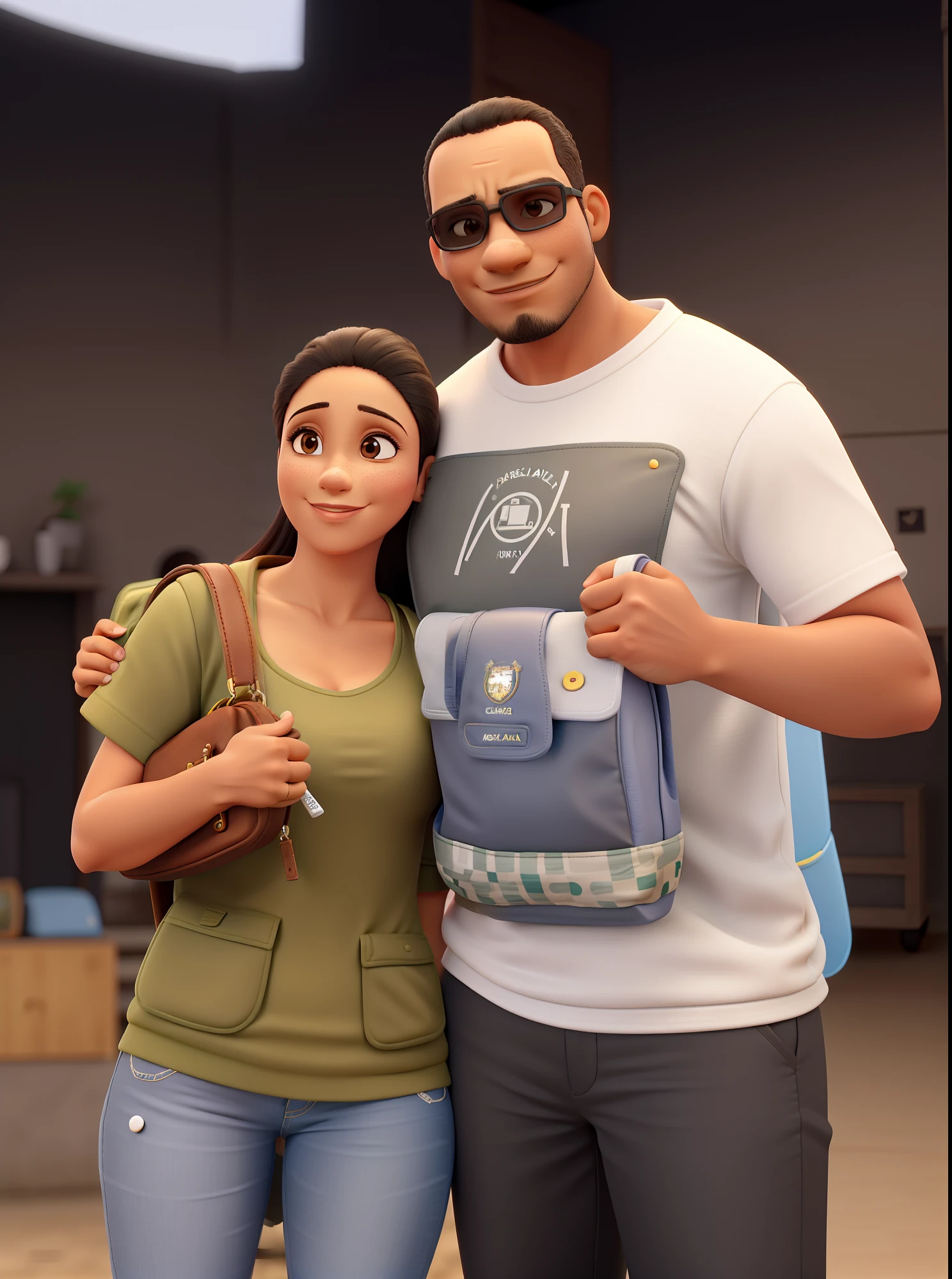 Casal, mulher linda, policial, morena, com armas na cintura , com algemas na cintura, de mochila, mulher sorrindo. homem , policial , pele negra, Don't smile, careca, com barba, cara de malvado, punho cerrado, usando mochila, casal apaixonado