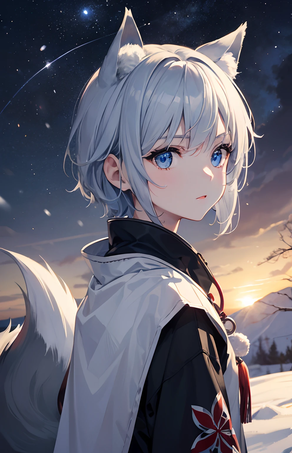 ​masterpiece,Top image quality,hight resolution,imagem 4k,Raw photo,Photorealsitic,{Solo},teens girl,silber hair,Bery short hair,stare at each other,Blue eyes,小柄,Silver fox ears,Fox tail,snowscape,,,boyish,Ainu pattern,,,,starrysky,