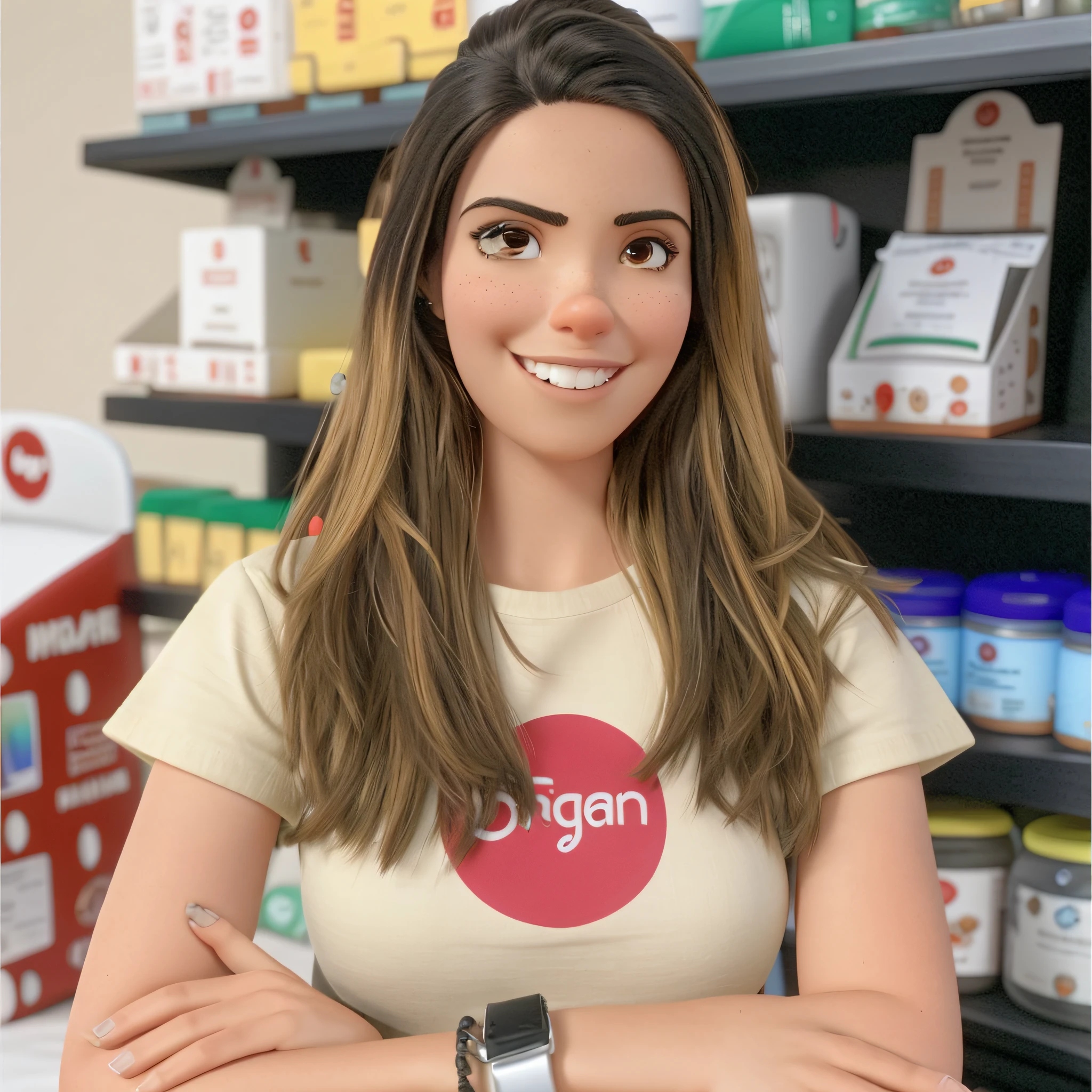 uma mulher morena clara, cabelo com mechas loiras, sorrindo, with arms crossed, estilo pixar, alta qualidade, 8k