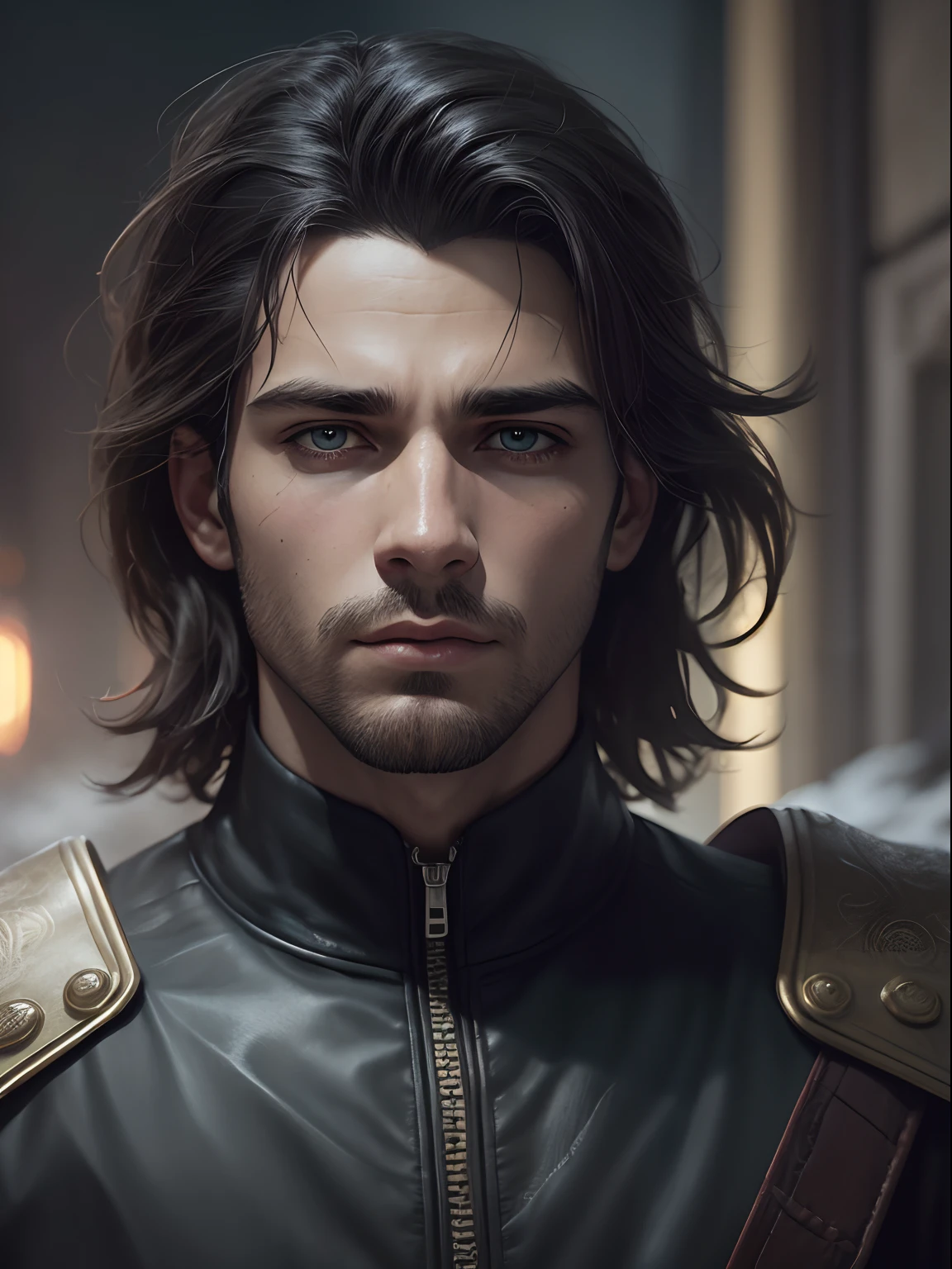 (closer view), 1 homem, foco solo, adulto, pale face and young adult, cabelo preto curto, casaco de trincheira preto, Deus da geada, Realistic, looking at the camera, popa, Emotionless king, Montanha Frost, invocar geada e neve, Leo s. Kennedy, Handsome, atraente, levemente musculoso, Cinematic lighting, Motor irreal, trending on ArtStation, detalhes intrincados, master part, best quality, Por Irakli Nadar, Greg Rutkowski,(((best quality))),(((ultra detalhado))),(((master part)))